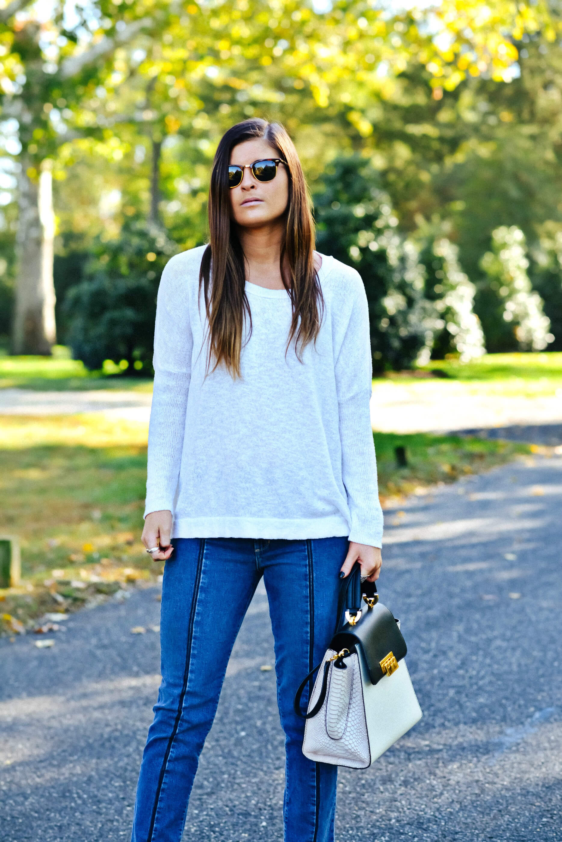 Fall Outfit Inspiration, White Sweater, Paige Jeans, Tote Bag, Tilden of To Be Bright