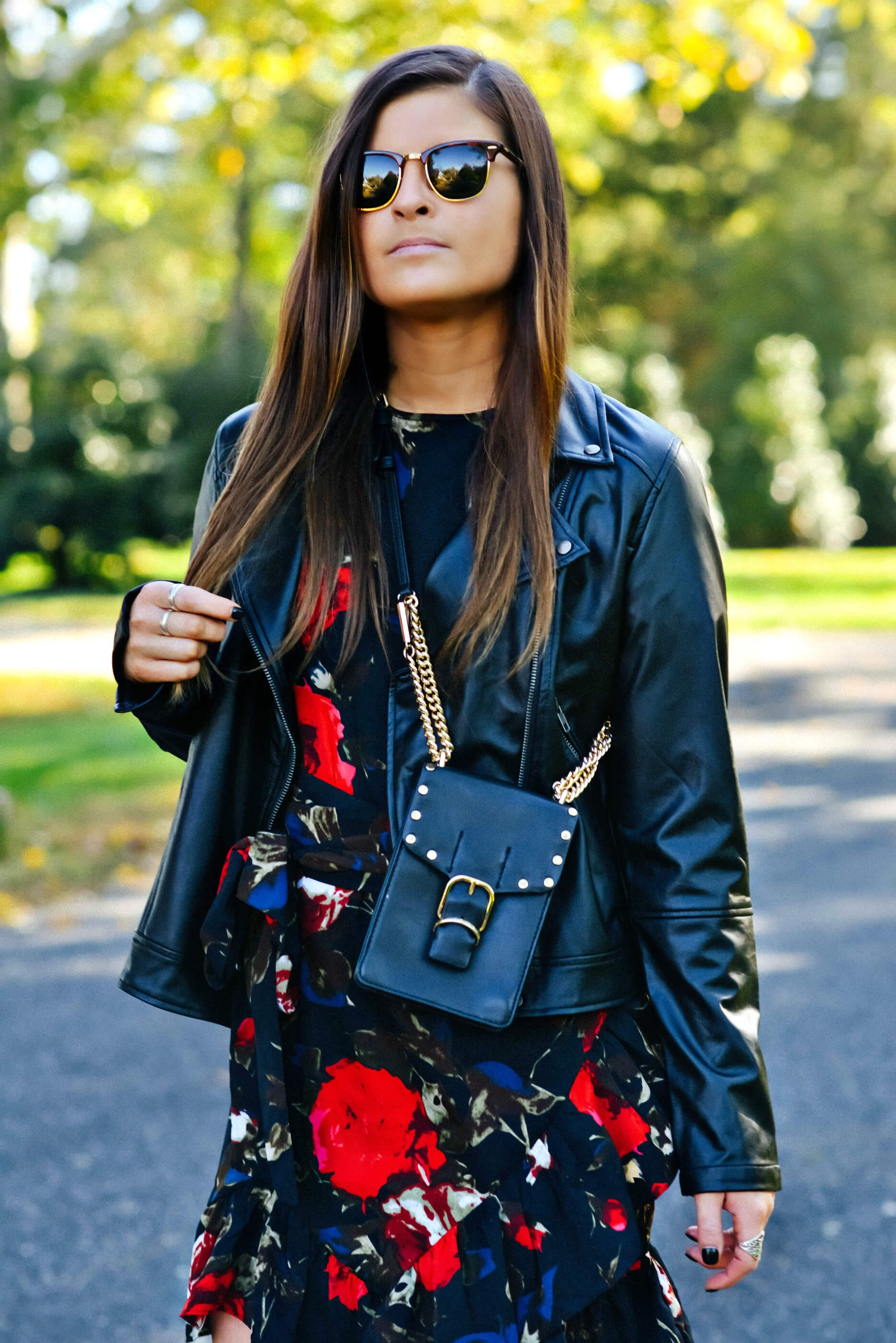 Fall Outfit Inspiration, Leather Jacket, Floral Dress, Tilden of To Be Bright