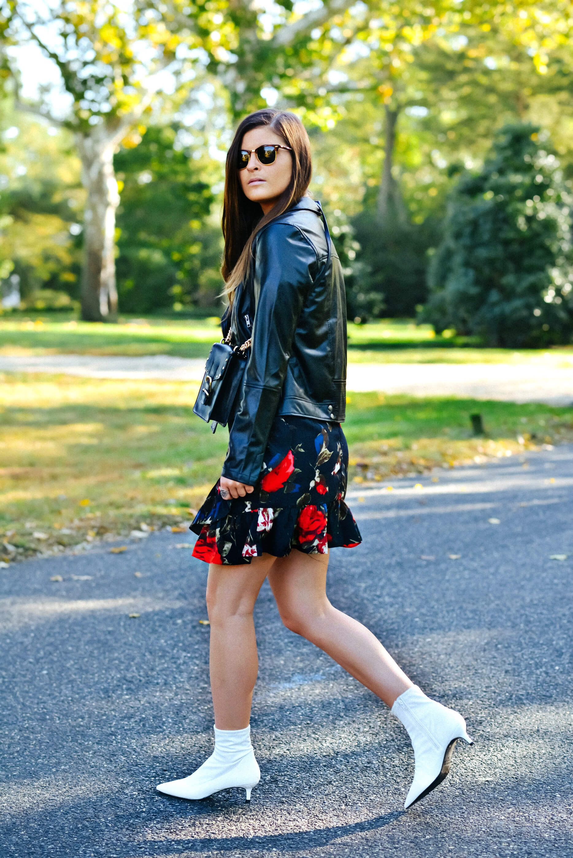 Fall Outfit Inspiration, Leather Jacket, Floral Dress, White Ankle Boots, Tilden of To Be Bright