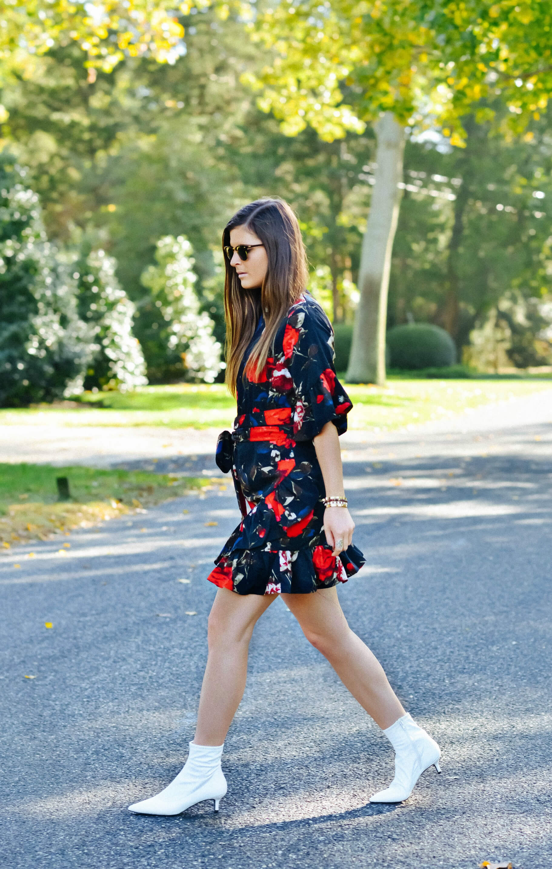 Fall Outfit Inspiration, Floral Dress, White Ankle Boots, Tilden of To Be Bright