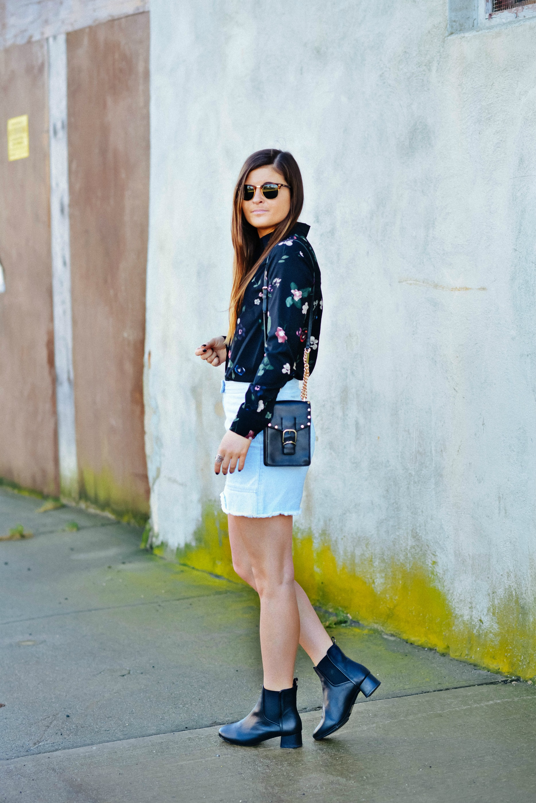 Fall Outfit Inspiration, Denim Skirt, Floral Blouse, Black Chelsea Boots, Tilden of To Be Bright