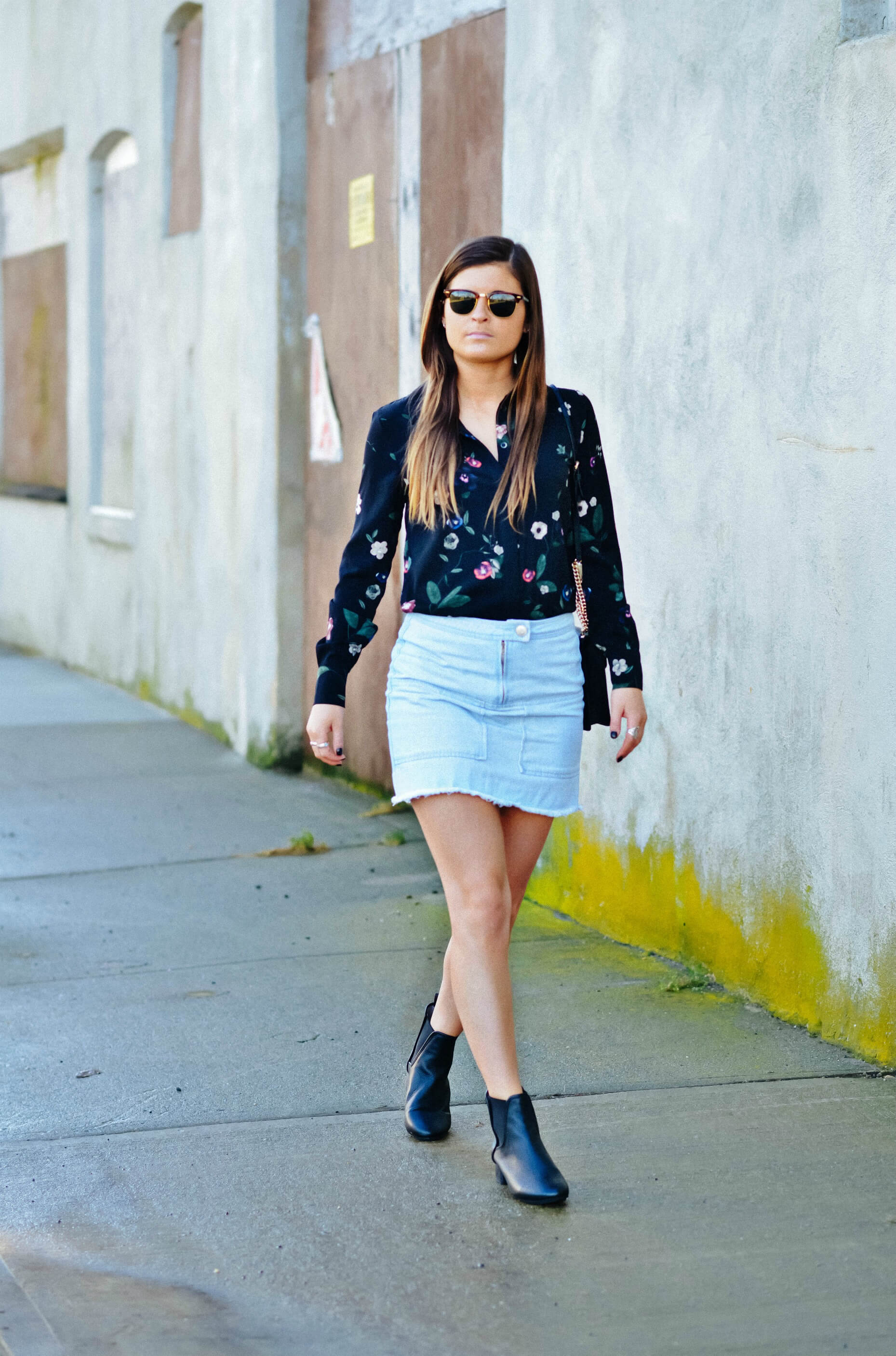 Fall Outfit Inspiration, Denim Skirt, Floral Blouse, Black Chelsea Boots, Tilden of To Be Bright