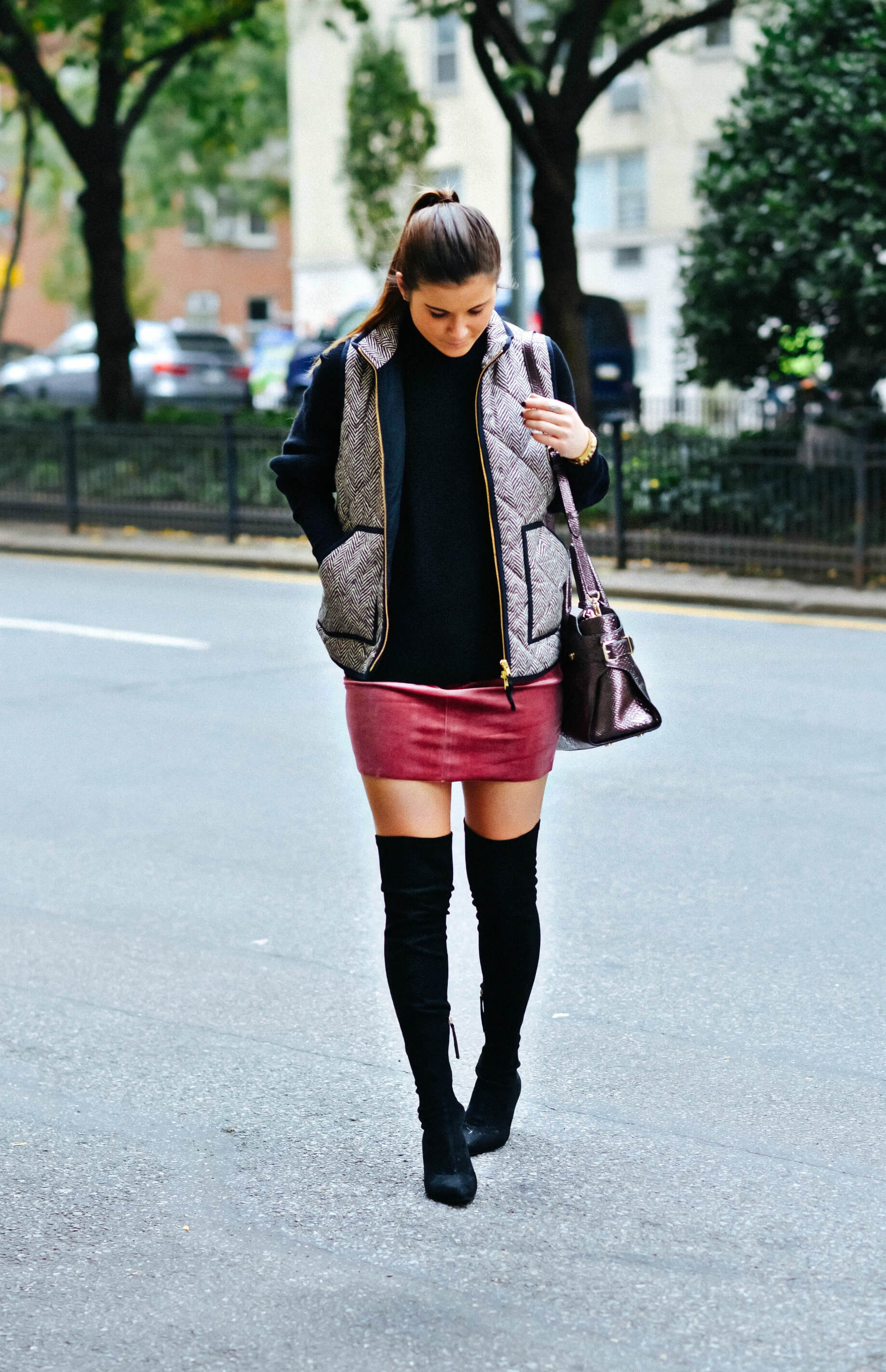 Fall Outfit Inspiration, Herringbone Vest, Suede Skirt, Over The Knee Boots, Tilden of To Be Bright