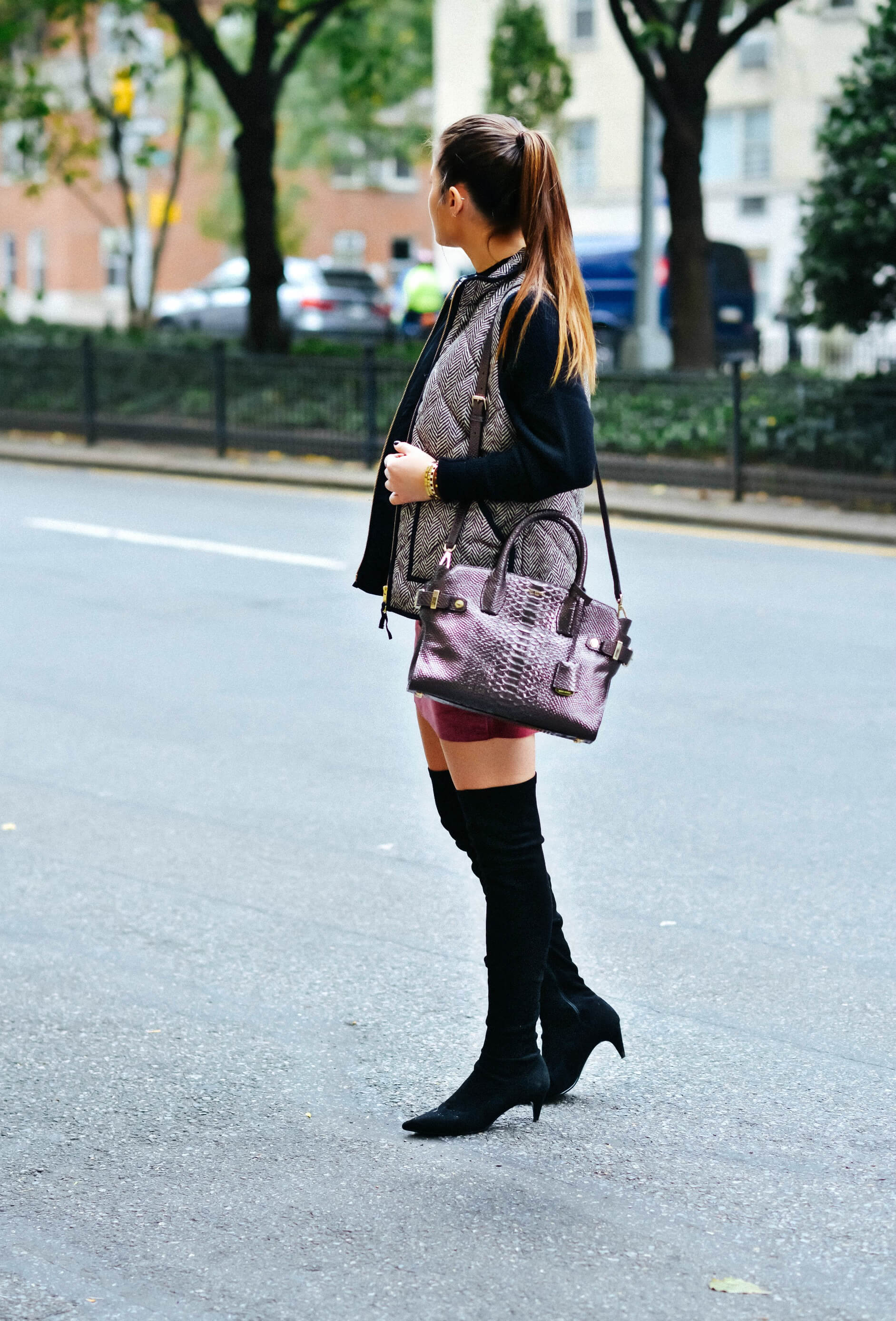 Fall Outfit Inspiration, Puffer Vest, Suede Skirt, Over The Knee Boots, Embossed Bag, Tilden of To Be Bright