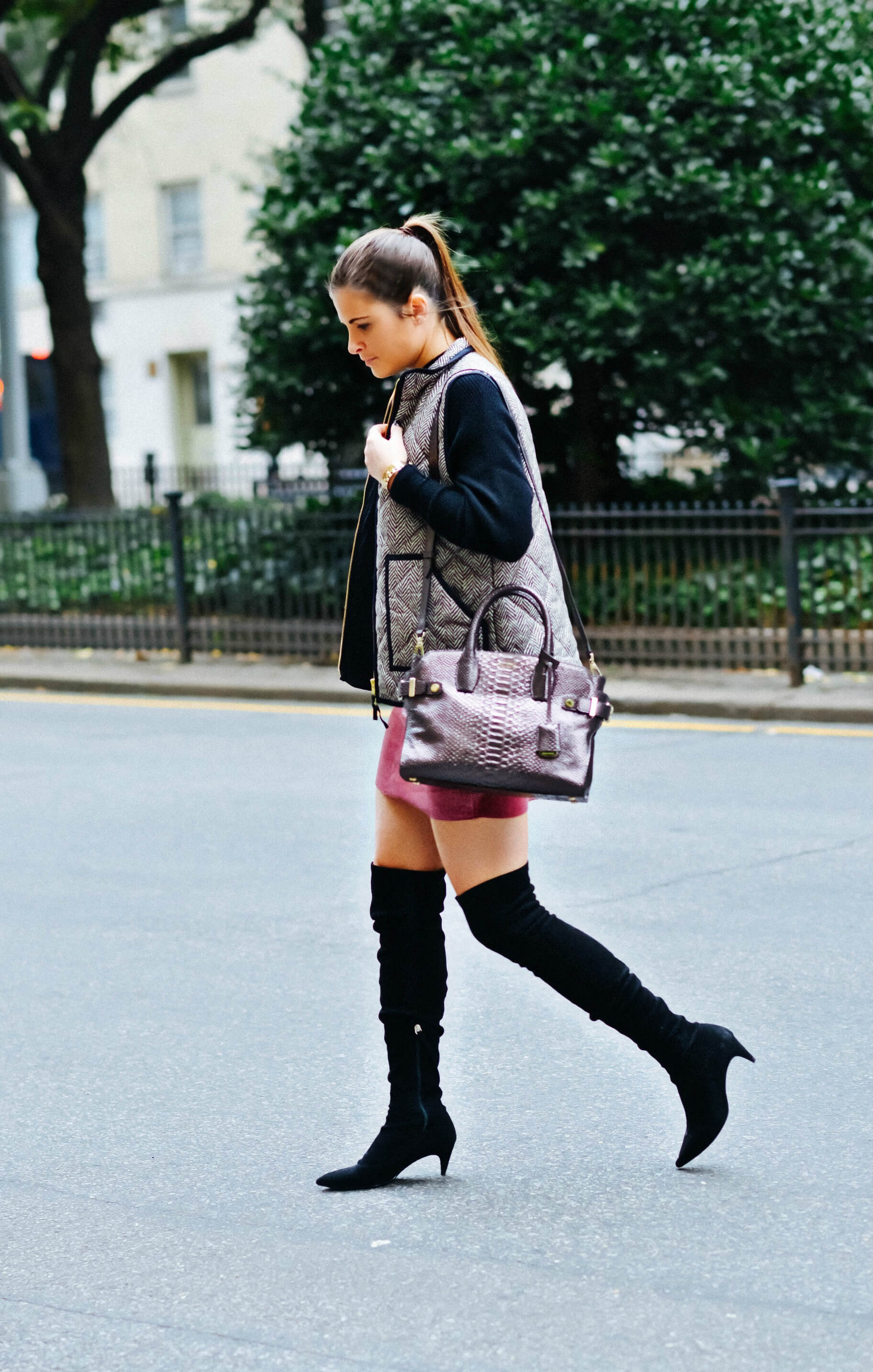 Fall Outfit Inspiration, Puffer Vest, Suede Skirt, Over The Knee Boots, Embossed Bag, Tilden of To Be Bright
