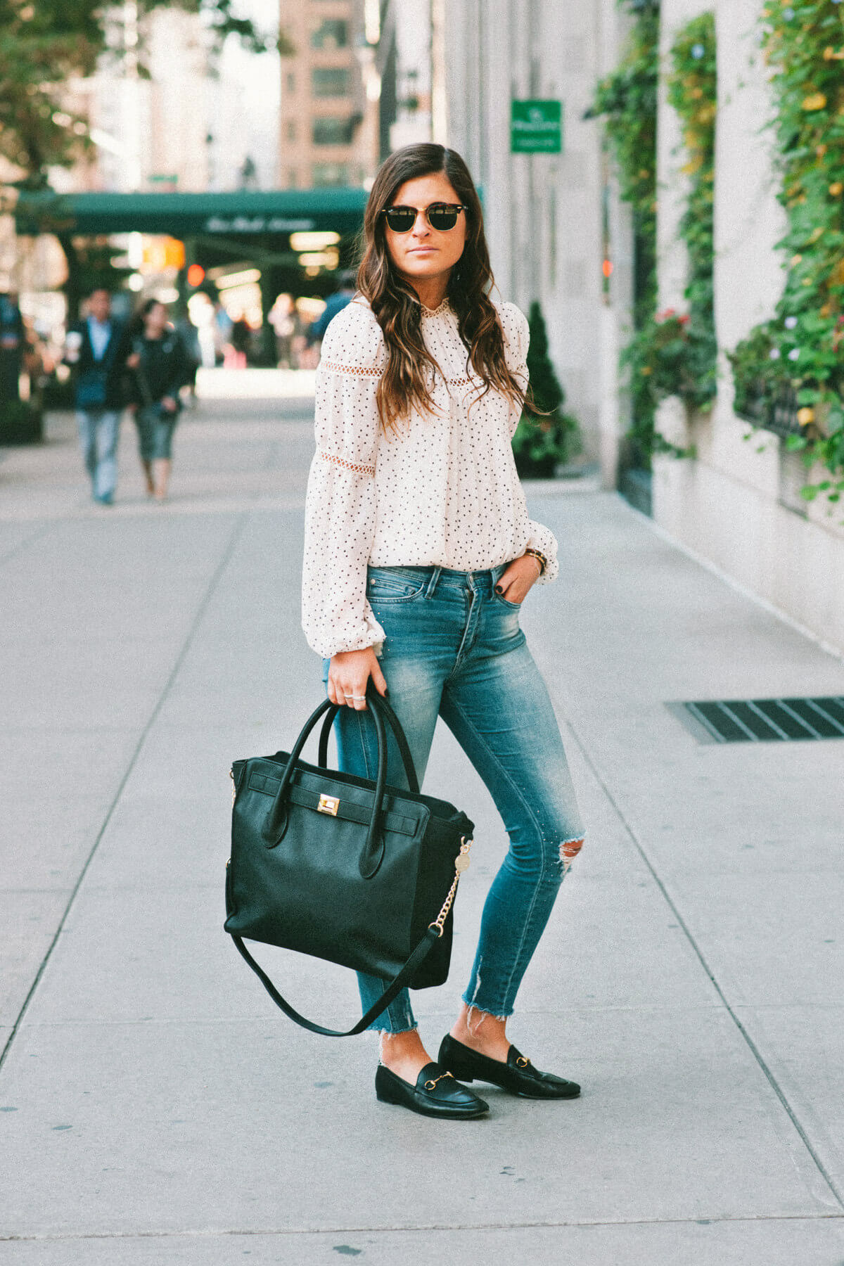 Fall Outfit Ideas, Polka Dot Blouse, Ripped Jeans, Gucci Loafers, Black Tote Bag, Tilden of To Be Bright