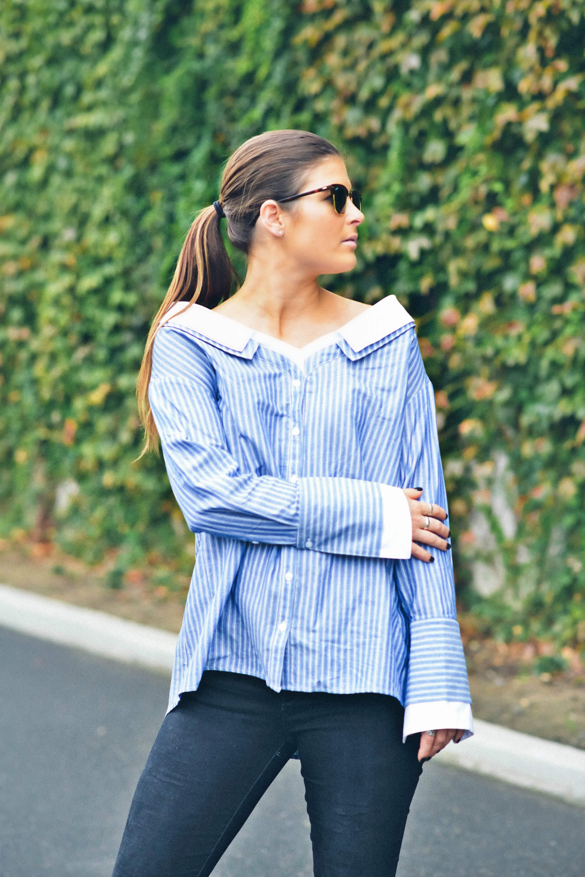 Fall Outfit Inspiration, Blue Striped Blouse, Black Jeans, Tilden of To Bright 