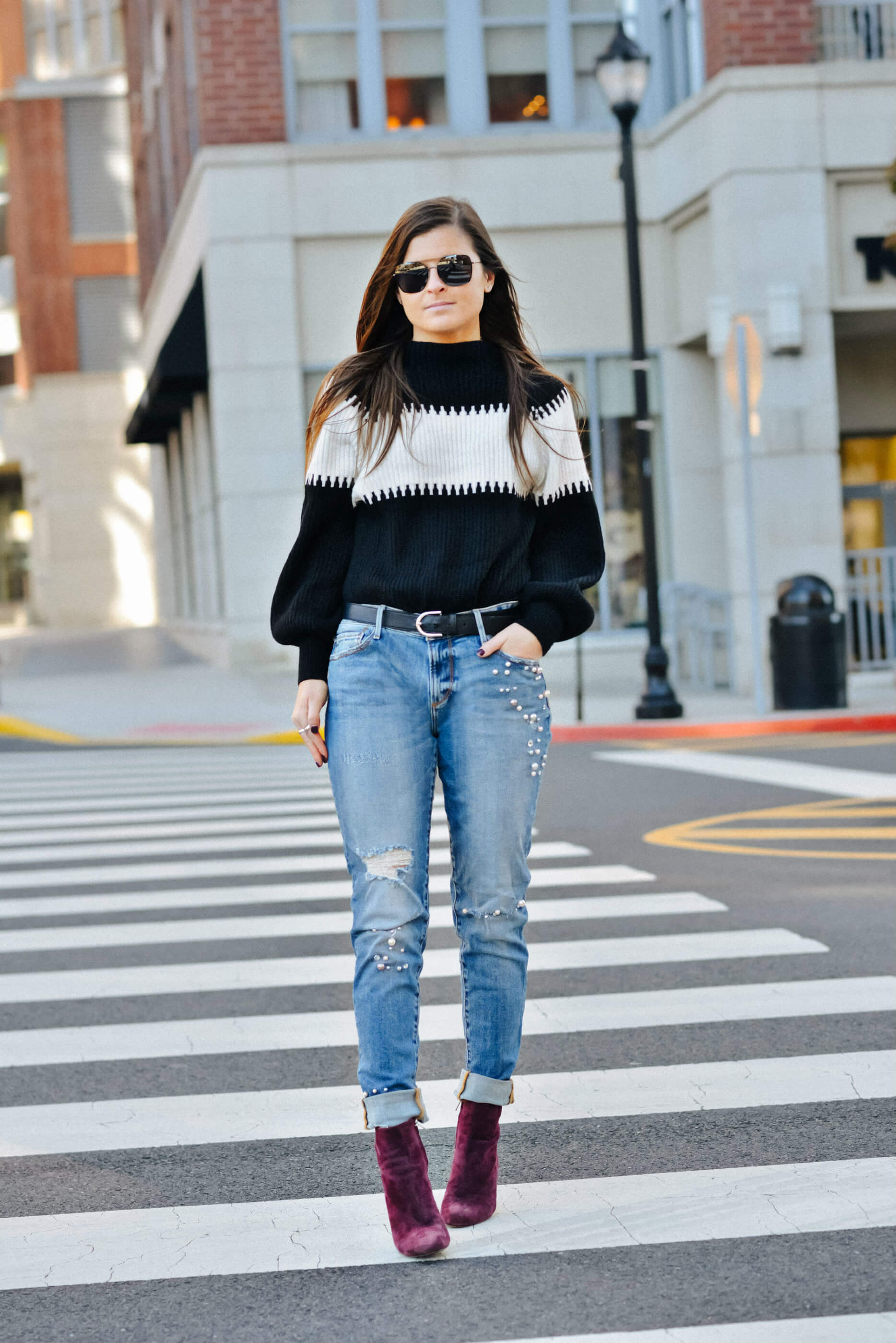 Fall Outfit, Pearl Embellished Jeans, Black and White Sweater, Tilden of To Be Bright