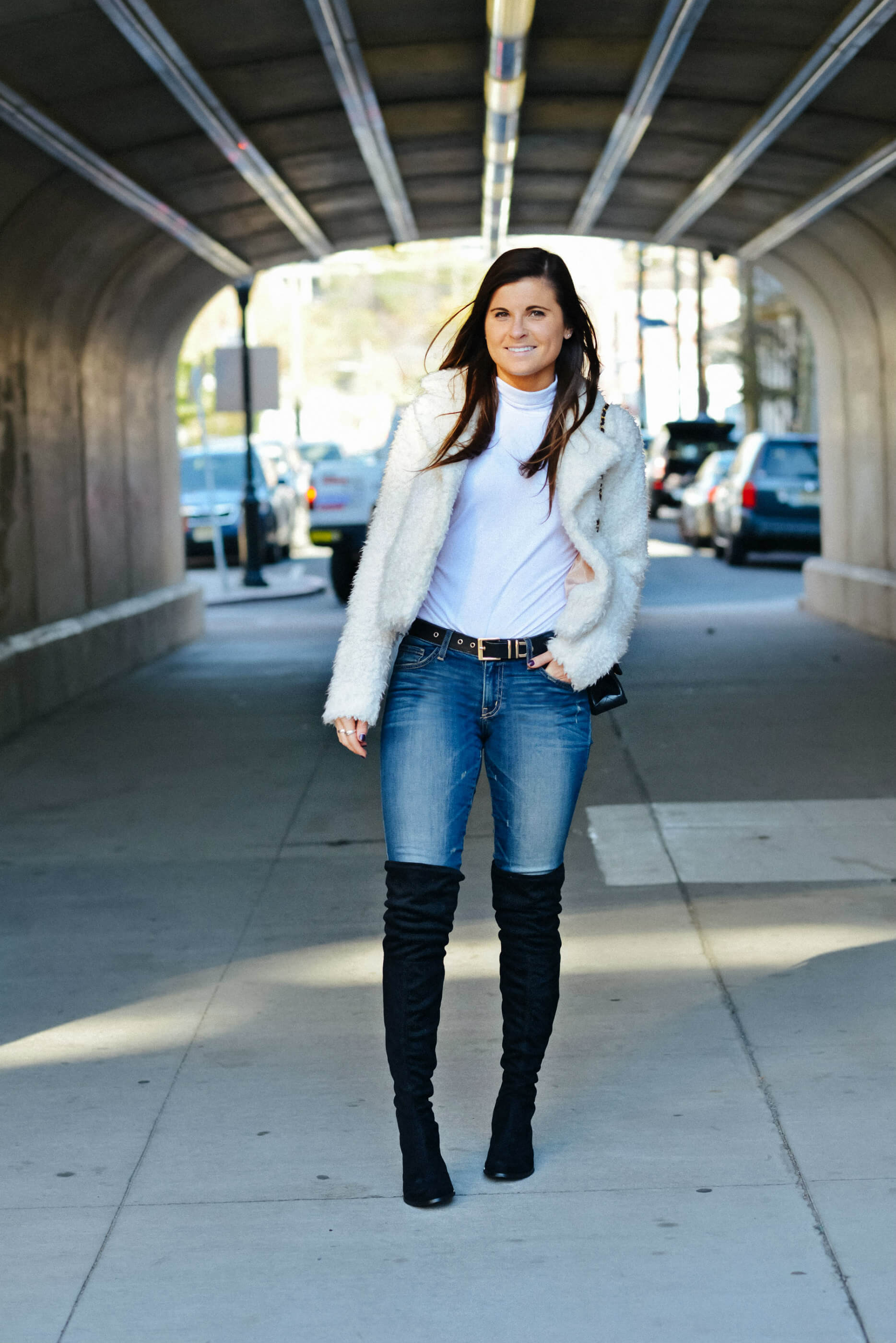 Winter Outfit Inspiration, White Faux Fur Jacket, Over The Knee Boots, Tilden of To Be Bright
