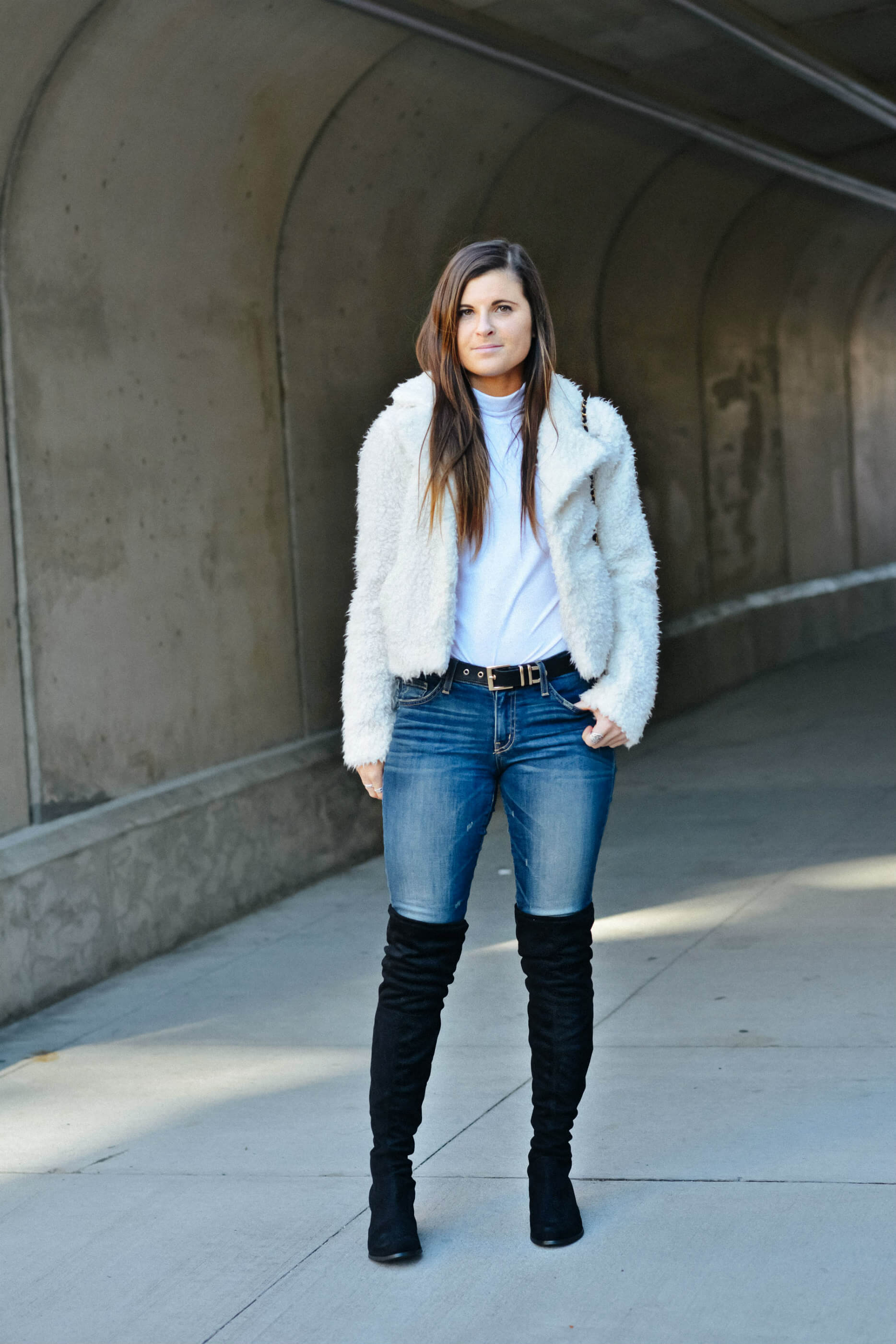 Winter Outfit Inspiration, White Faux Fur Jacket, Over The Knee Boots, Tilden of To Be Bright