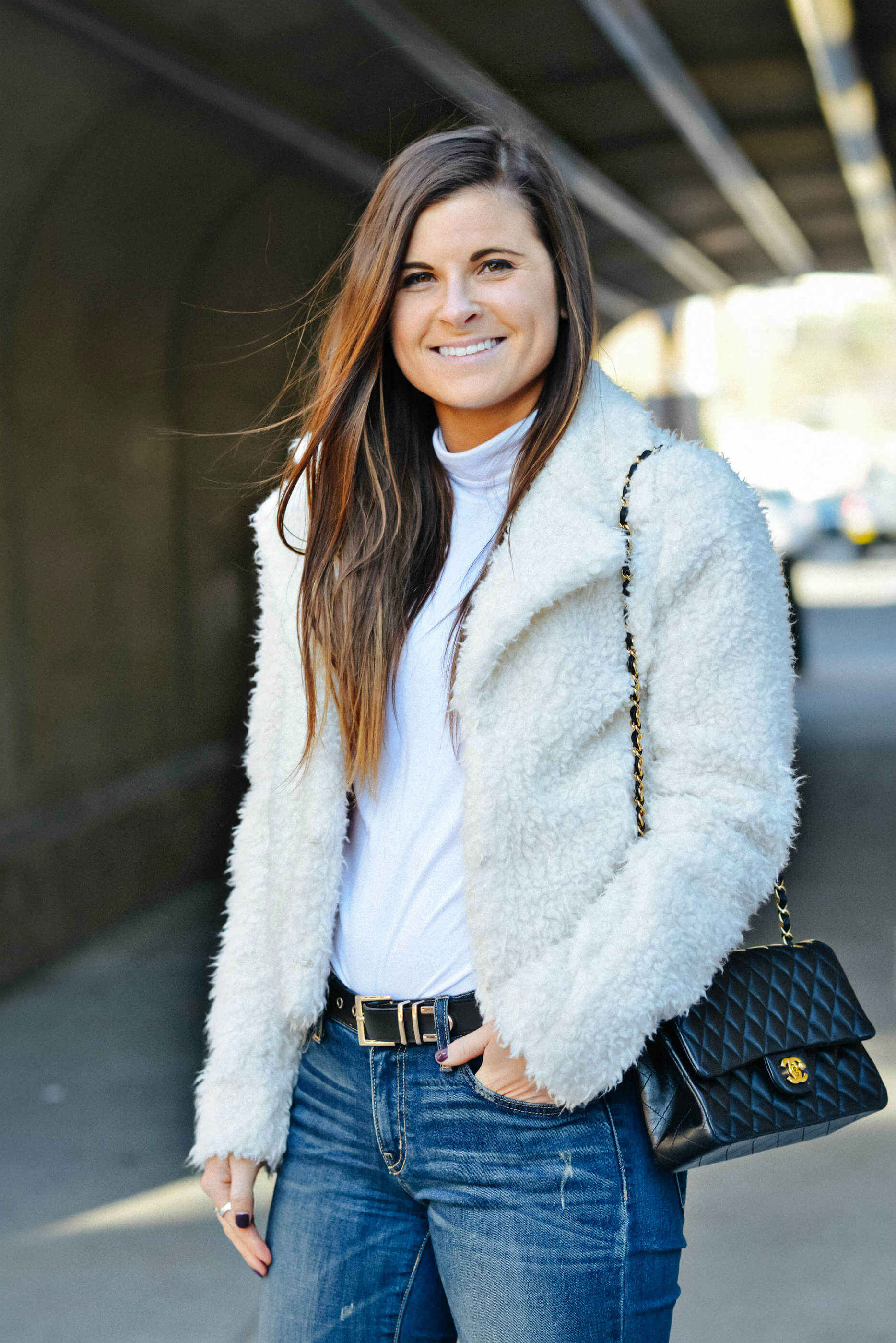 White Faux Fur Coat, Chanel Bag, Tilden of To Be Bright