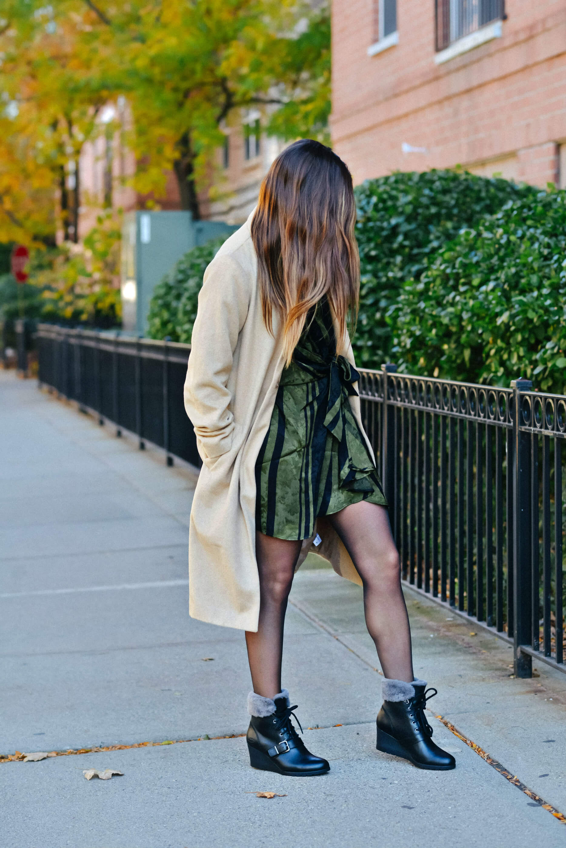 Fall Winter Outfit, Wrap Dress, Camel Trench Coat, Winter Boots, Tilden of To Be Bright