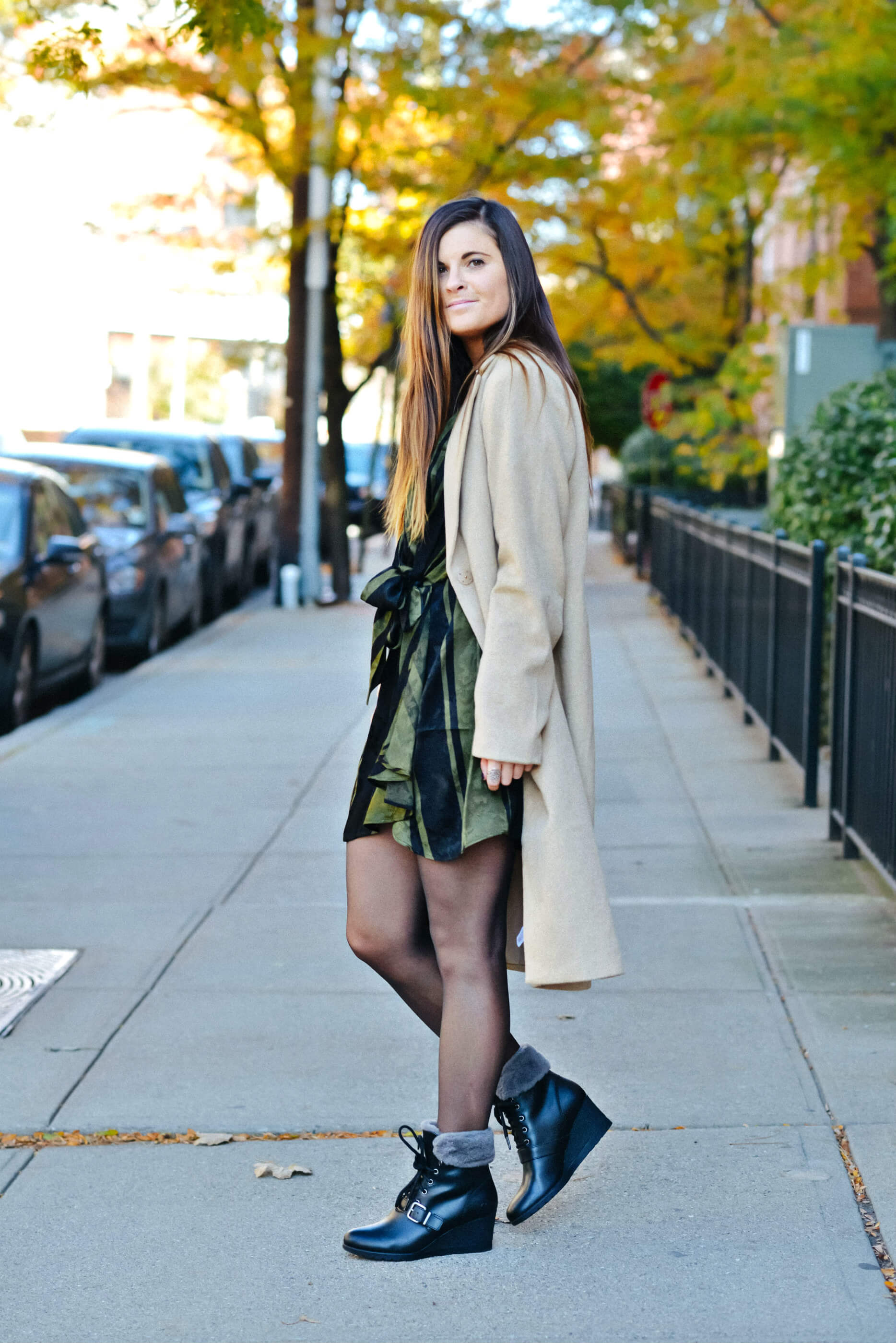 Fall Winter Outfit, Wrap Dress, Camel Trench Coat, Winter Boots, Tilden of To Be Bright