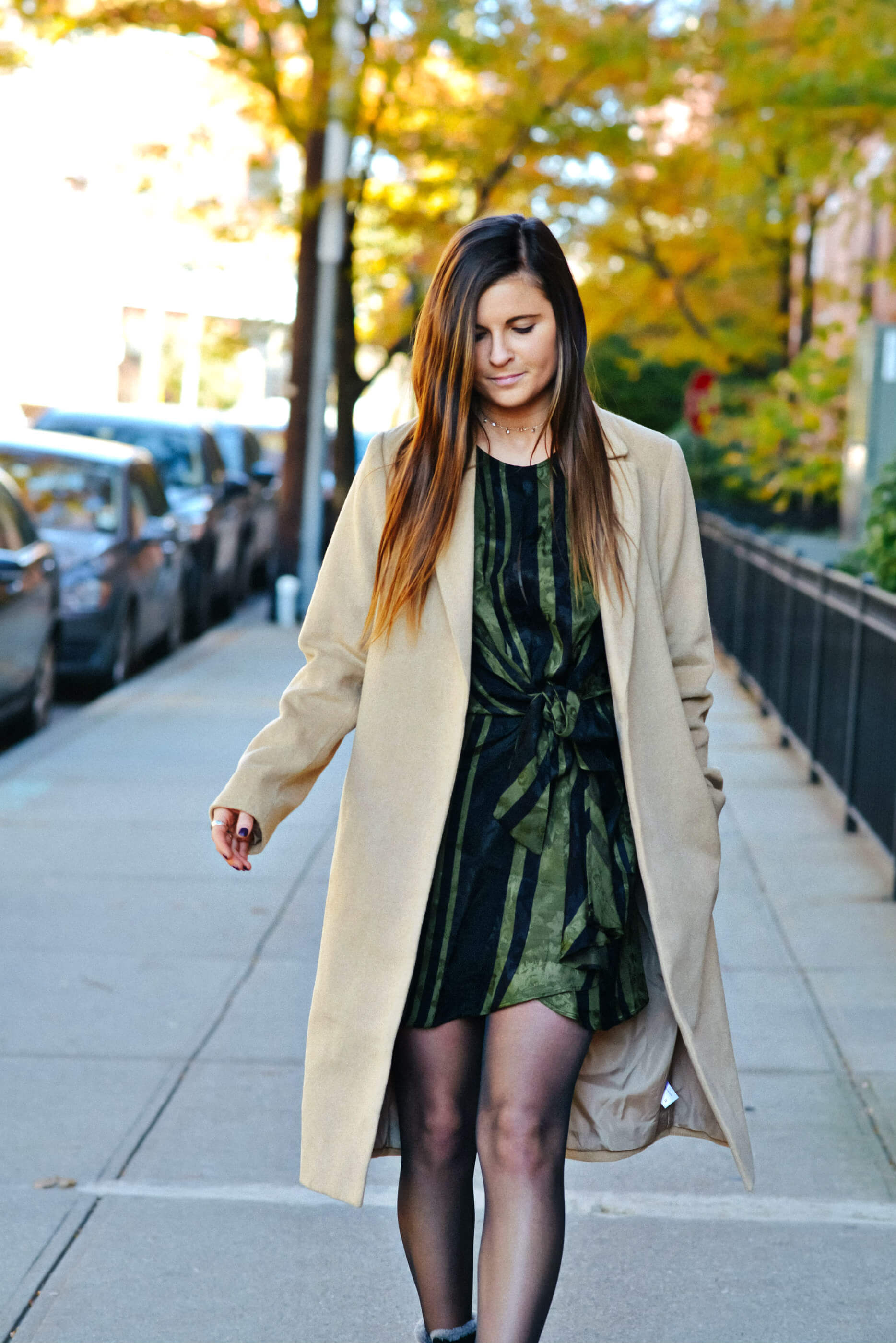 Fall Winter Outfit, Wrap Dress, Camel Trench Coat, Tilden of To Be Bright