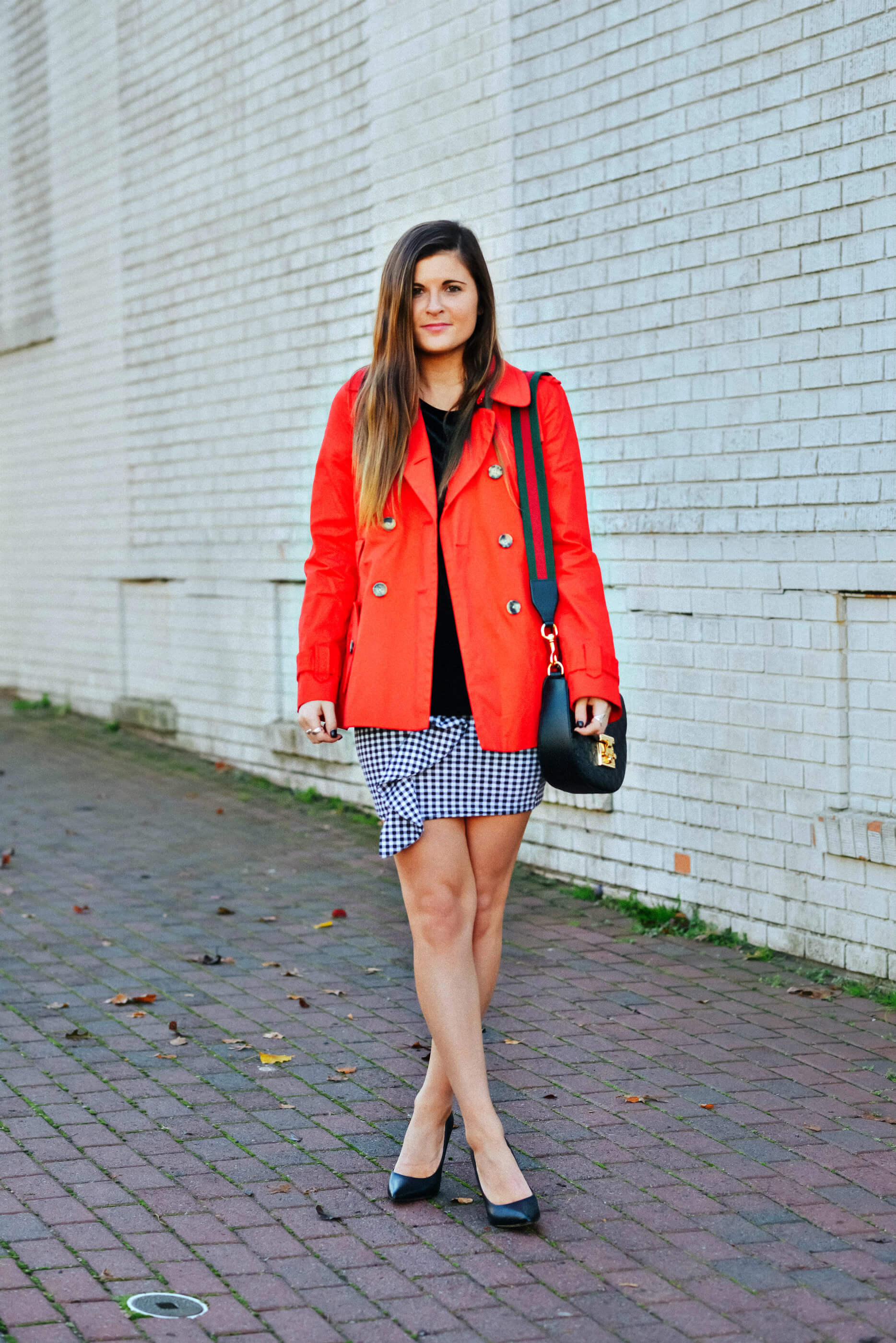 Holiday Outfit Inspiration, Red Trench Coat, Gingham Skirt, Tilden of To Be Bright