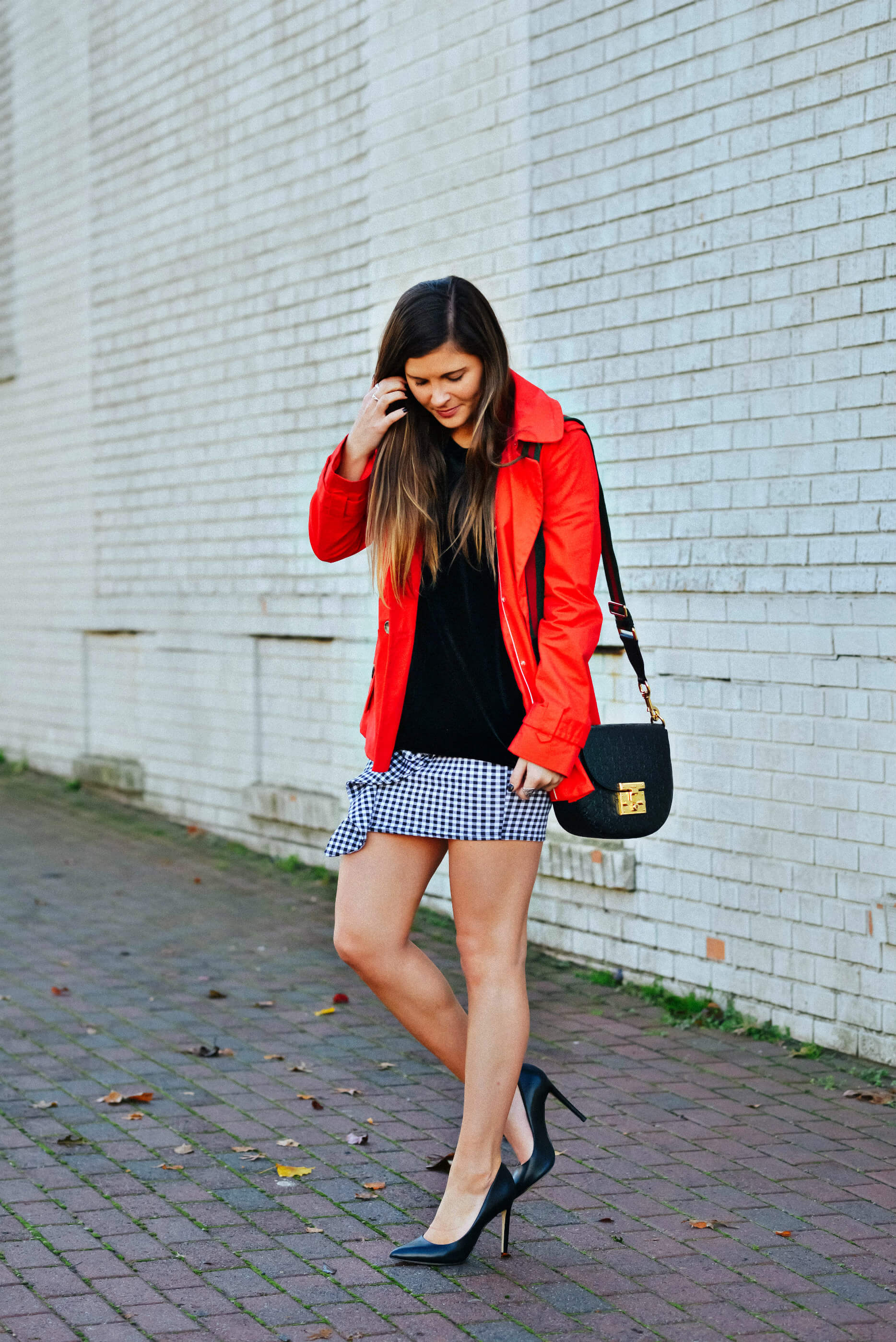 Holiday Outfit Inspiration, Red Trench Coat, Gingham Skirt, Tilden of To Be Bright