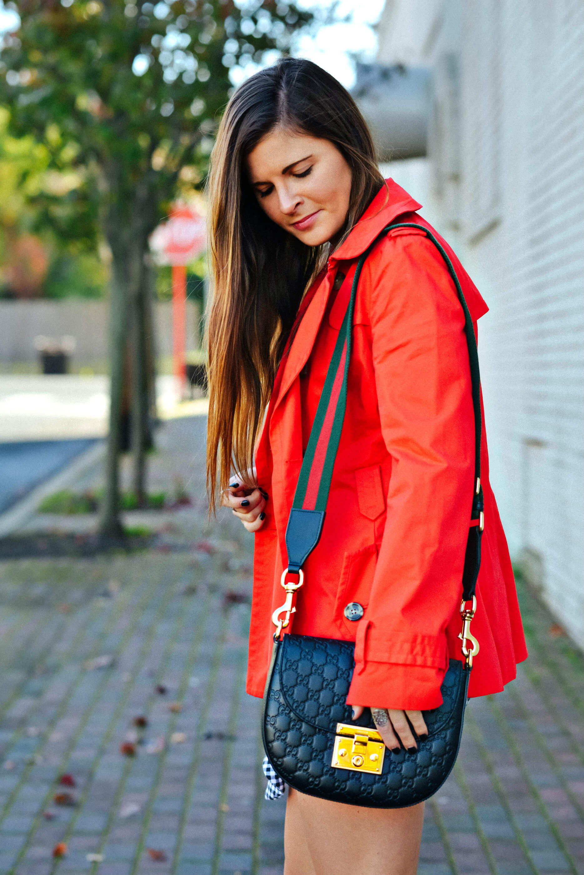 Holiday Outfit Inspiration, Red Trench Coat, Gucci Padlock Bag, Tilden of To Be Bright