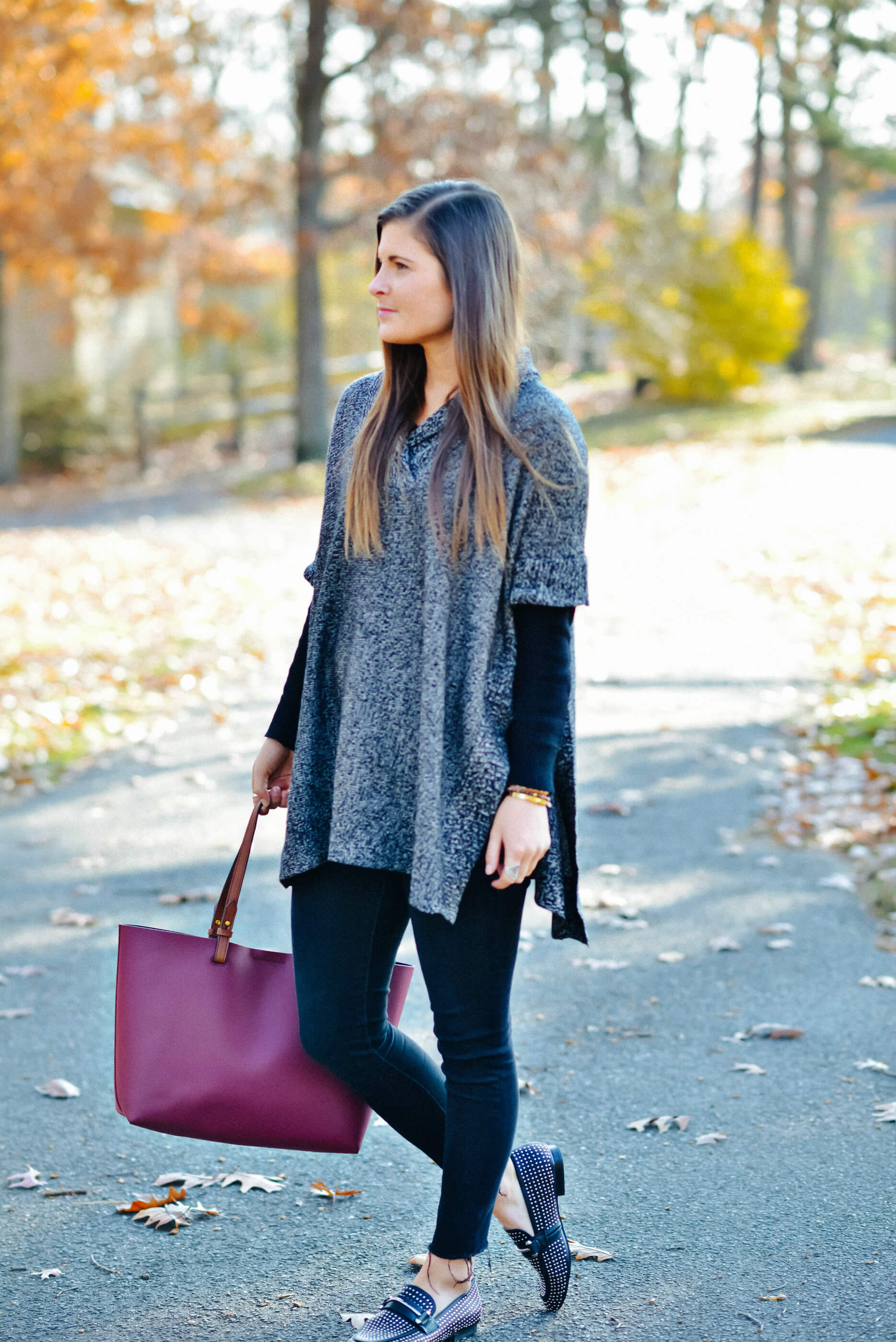 Fall Winter Style, Poncho Outfit, Red Tote Bag, Tilden of To Be Bright