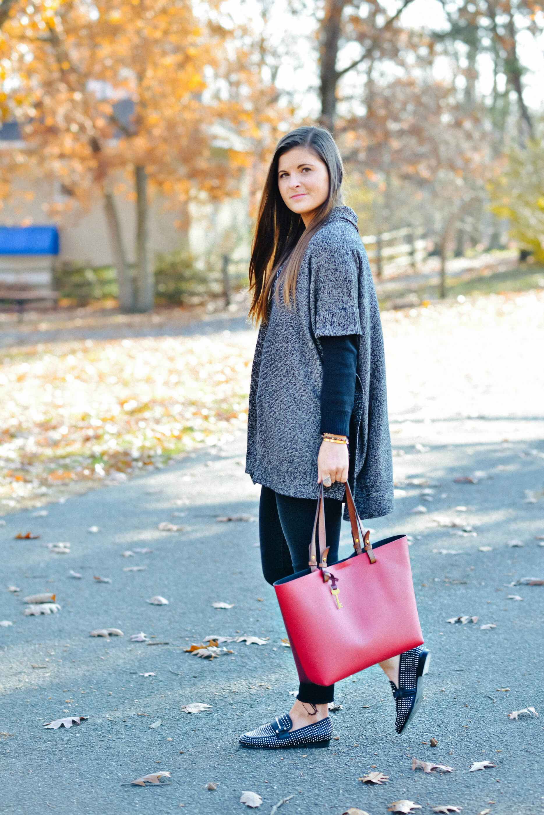Fall Winter Style, Poncho Outfit, Red Tote Bag, Tilden of To Be Bright