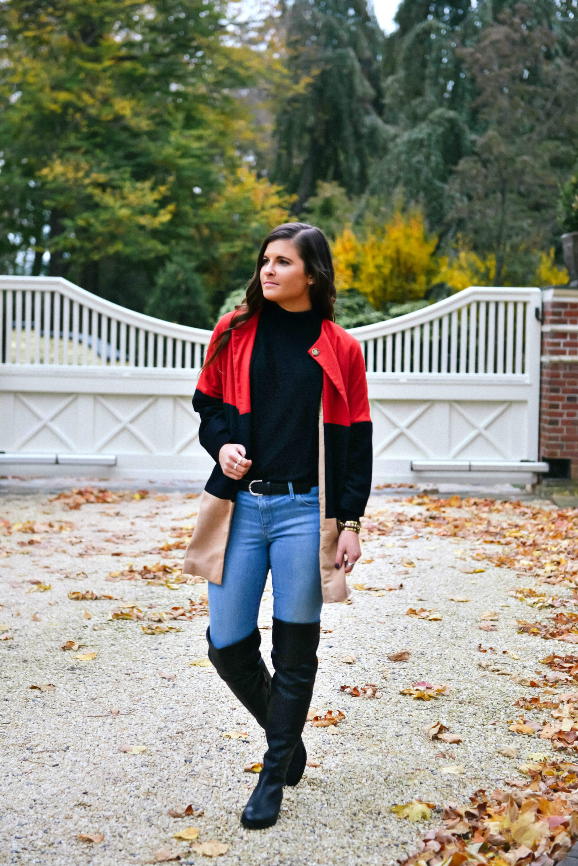 Fall Outfit Inspiration, Color Block Coat, Leather Over The Knee Boots, Tilden of To Be Bright