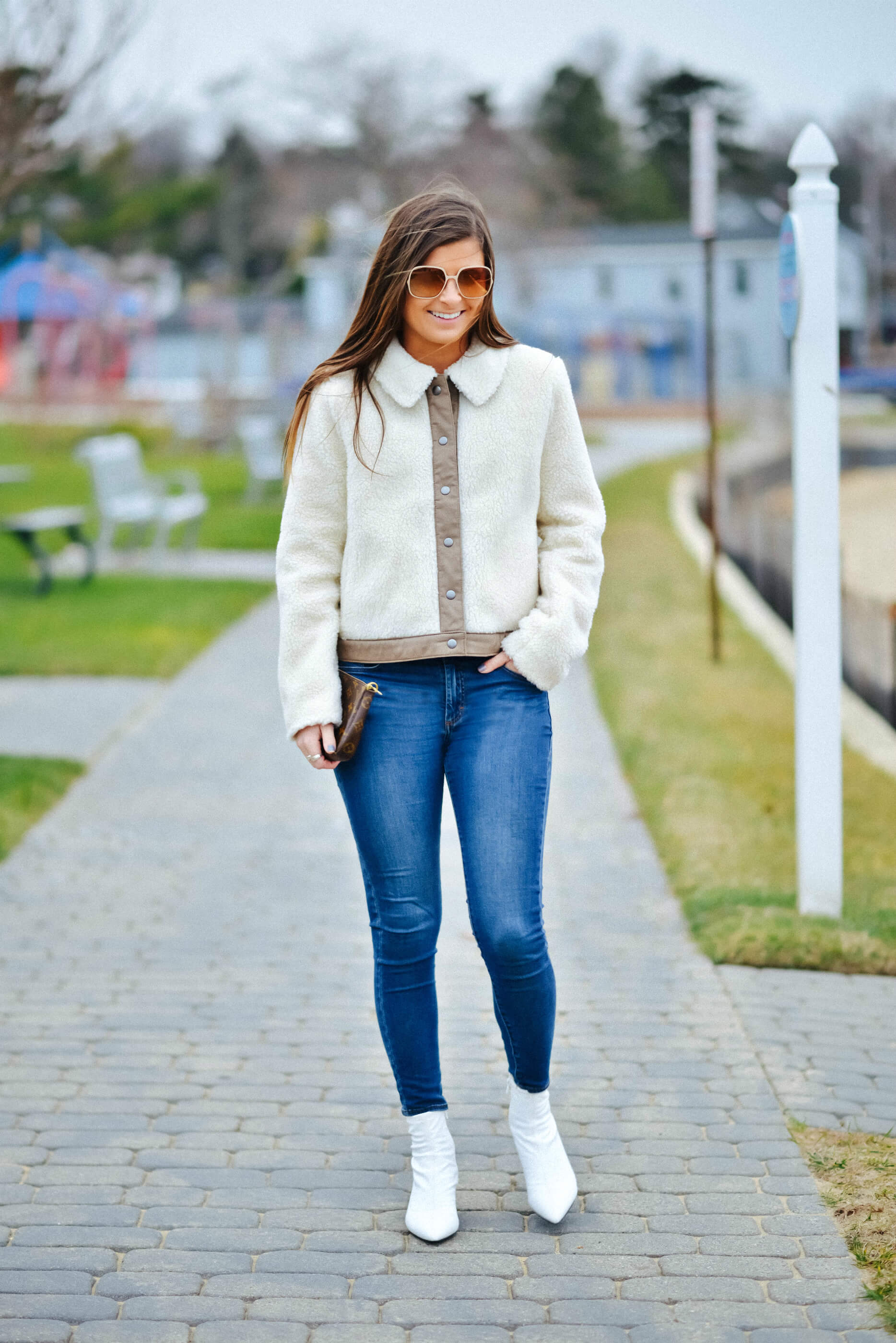 Madewell Sherpa Portland Jacket, White Booties, Winter Style, Henri Bendel Piper Sunglasses, Tilden of To Be Bright