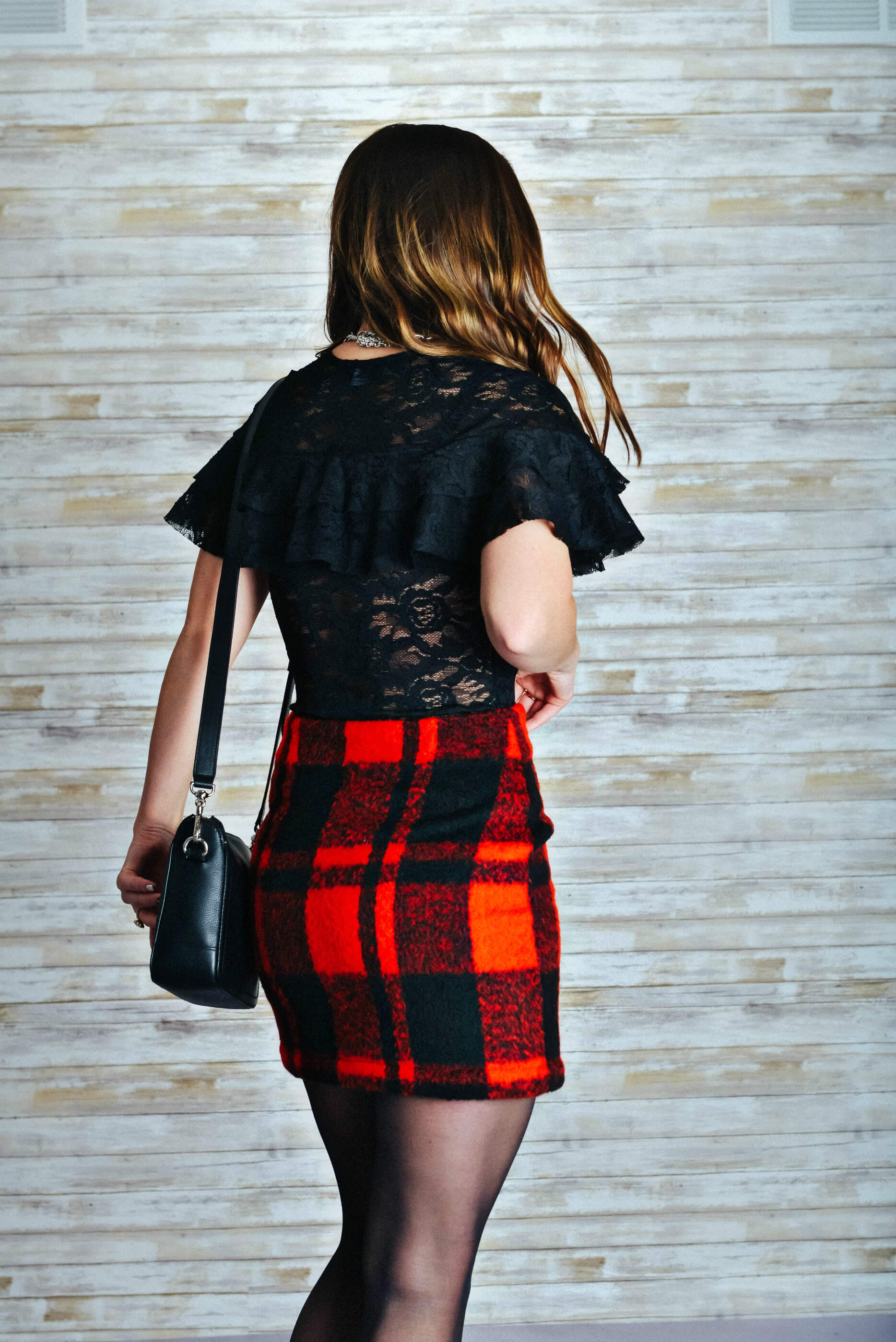 Red Plaid Skirt, Black Lace Bodysuit, Holiday Outfit, Tilden of To Be Bright