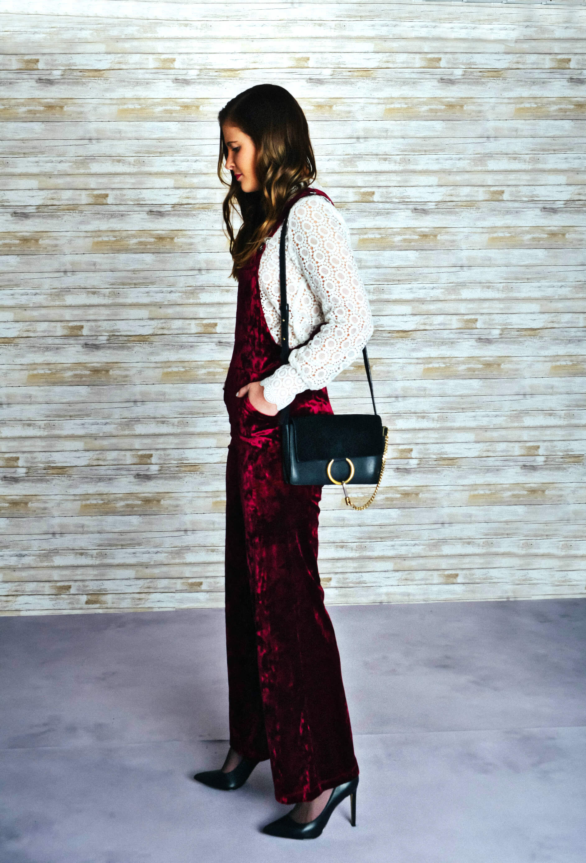 Holiday Outfit Ideas, Velvet Overalls, Chloe Faye Bag, Tilden of To Be Bright