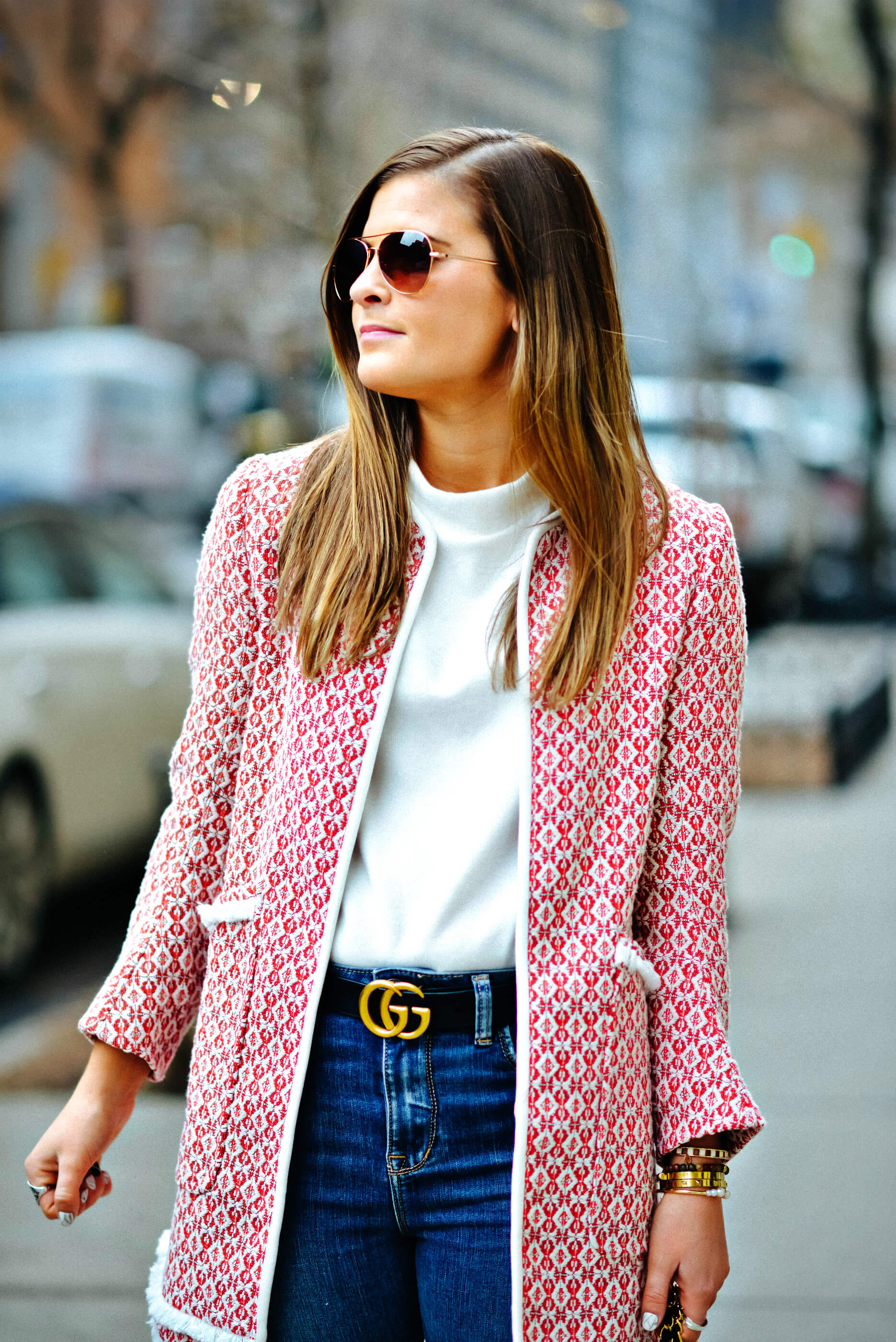 Red Tweed Coat, Winter Outfit, Gucci Marmont Belt, Tilden of To Be Bright