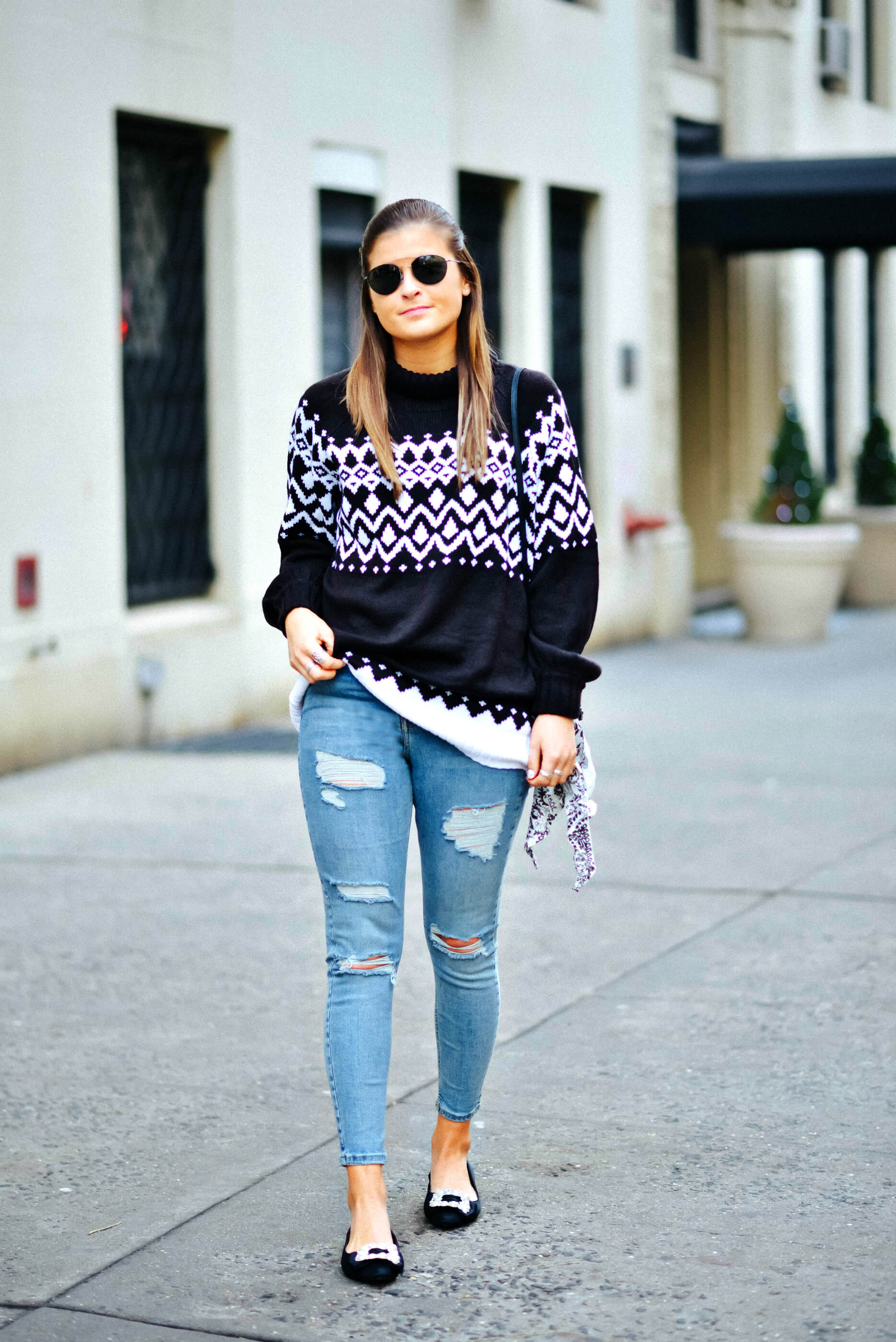 Nordic Sweater, high-waisted Jeans, Nina Shoes Embellished Pearl Flats, Tilden of To Be Bright