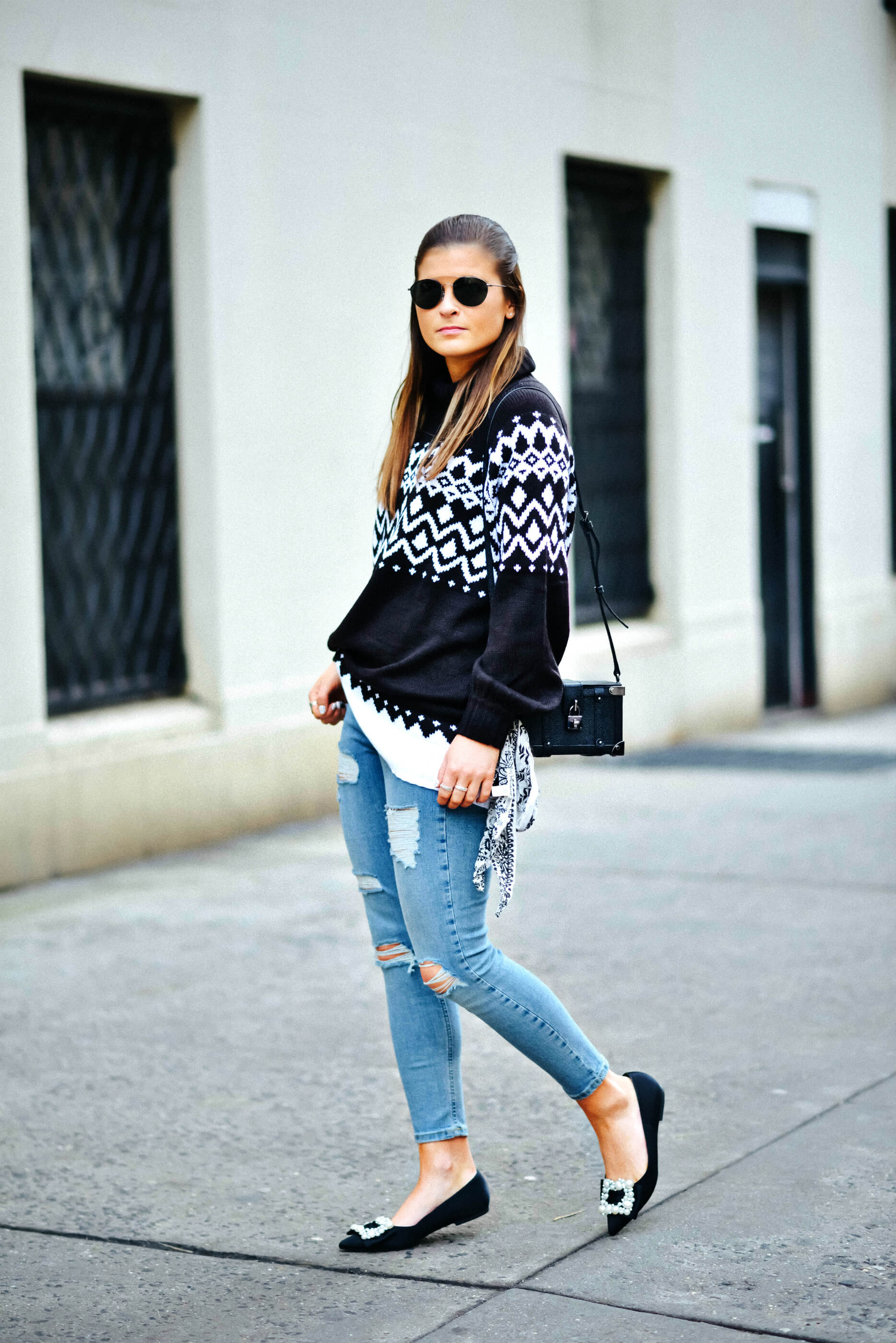 Winter Outfit, Nordic Sweater, high-waisted Jeans, Nina Shoes Embellished Pearl Flats, Tilden of To Be Bright
