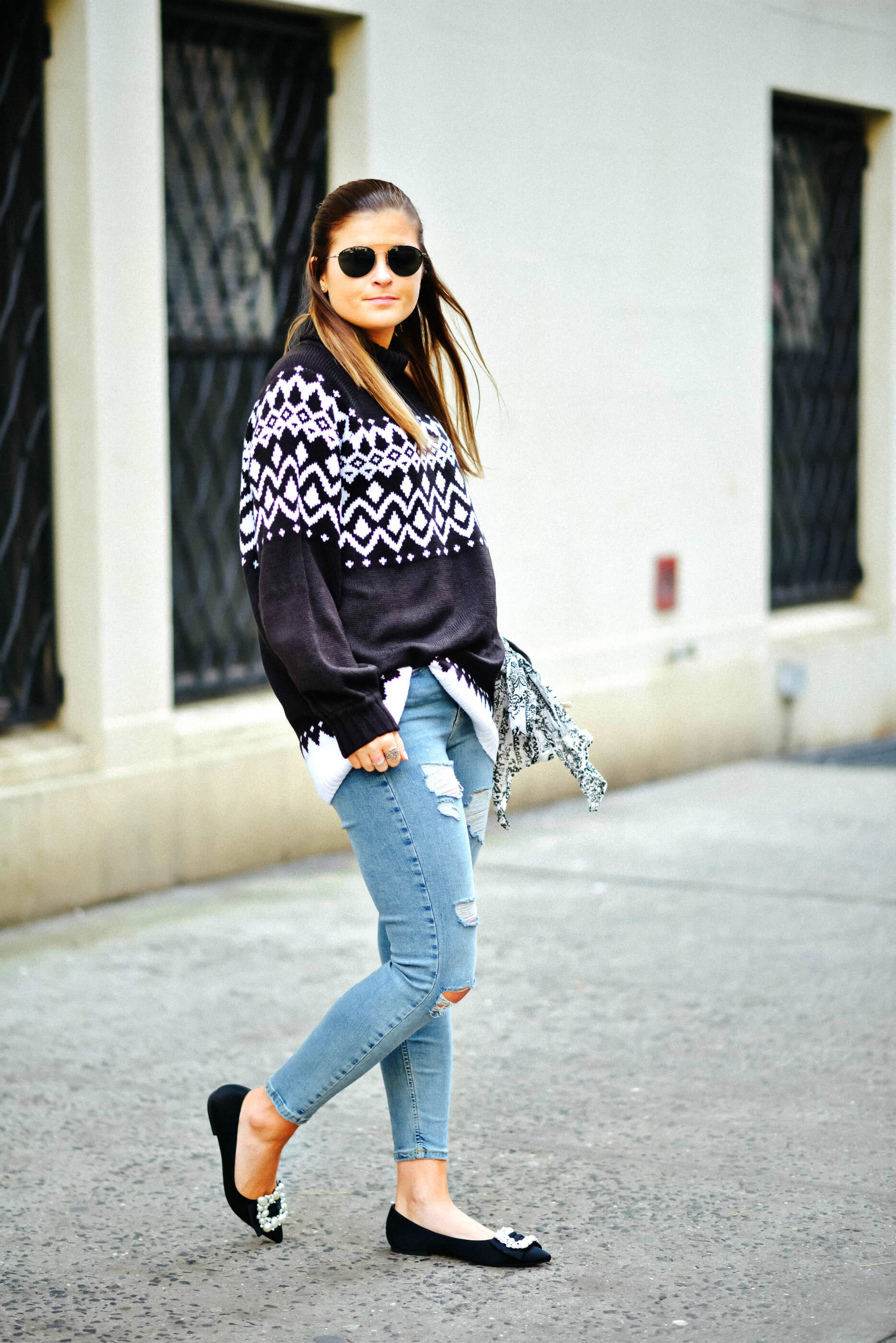Nordic Sweater, high-waisted Jeans, Nina Shoes Embellished Pearl Flats, Tilden of To Be Bright