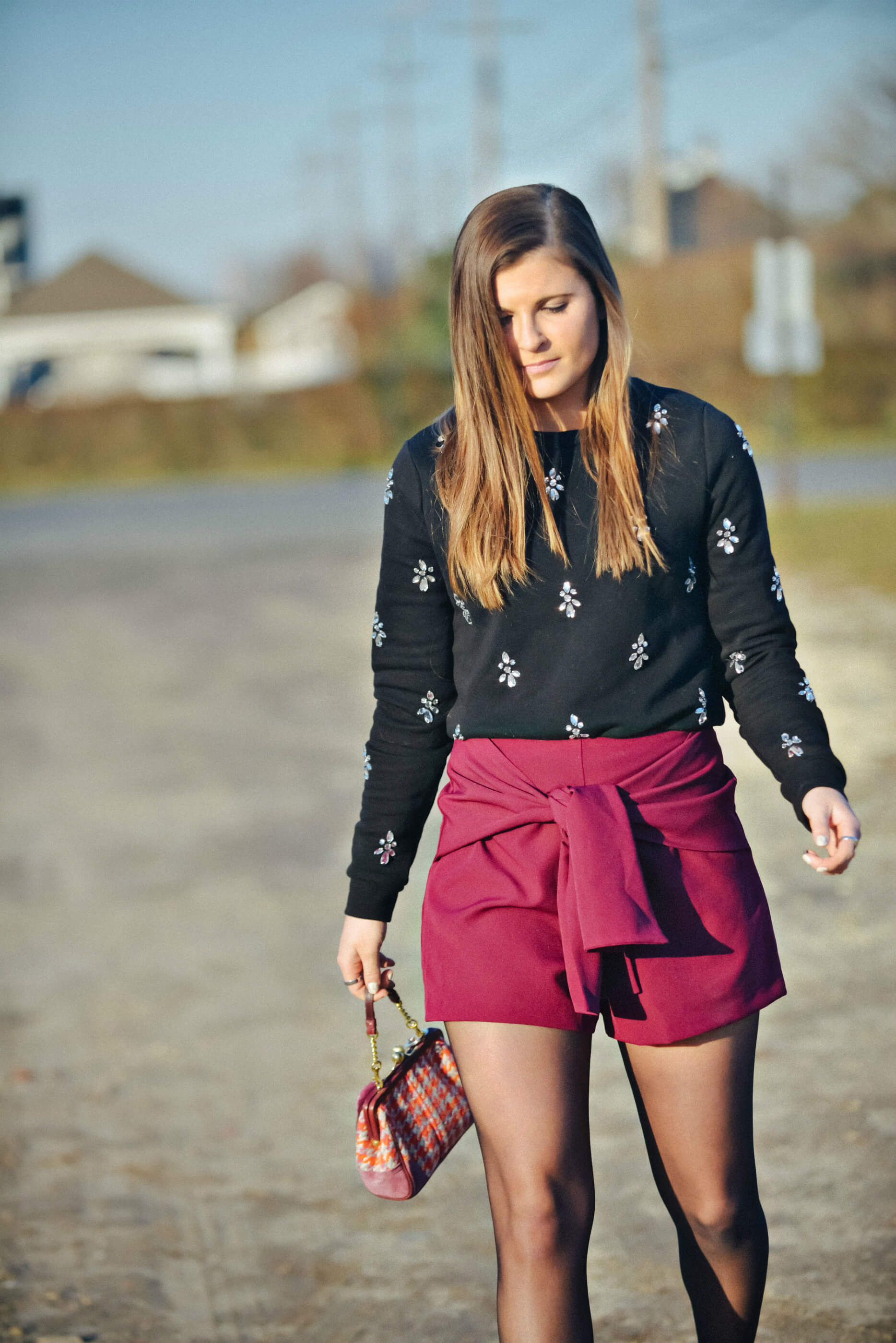 H&M Embellished Sweater, ASOS Plum Burgundy Shorts, New Year's Eve Outfit Idea, Tilden of To Be Bright