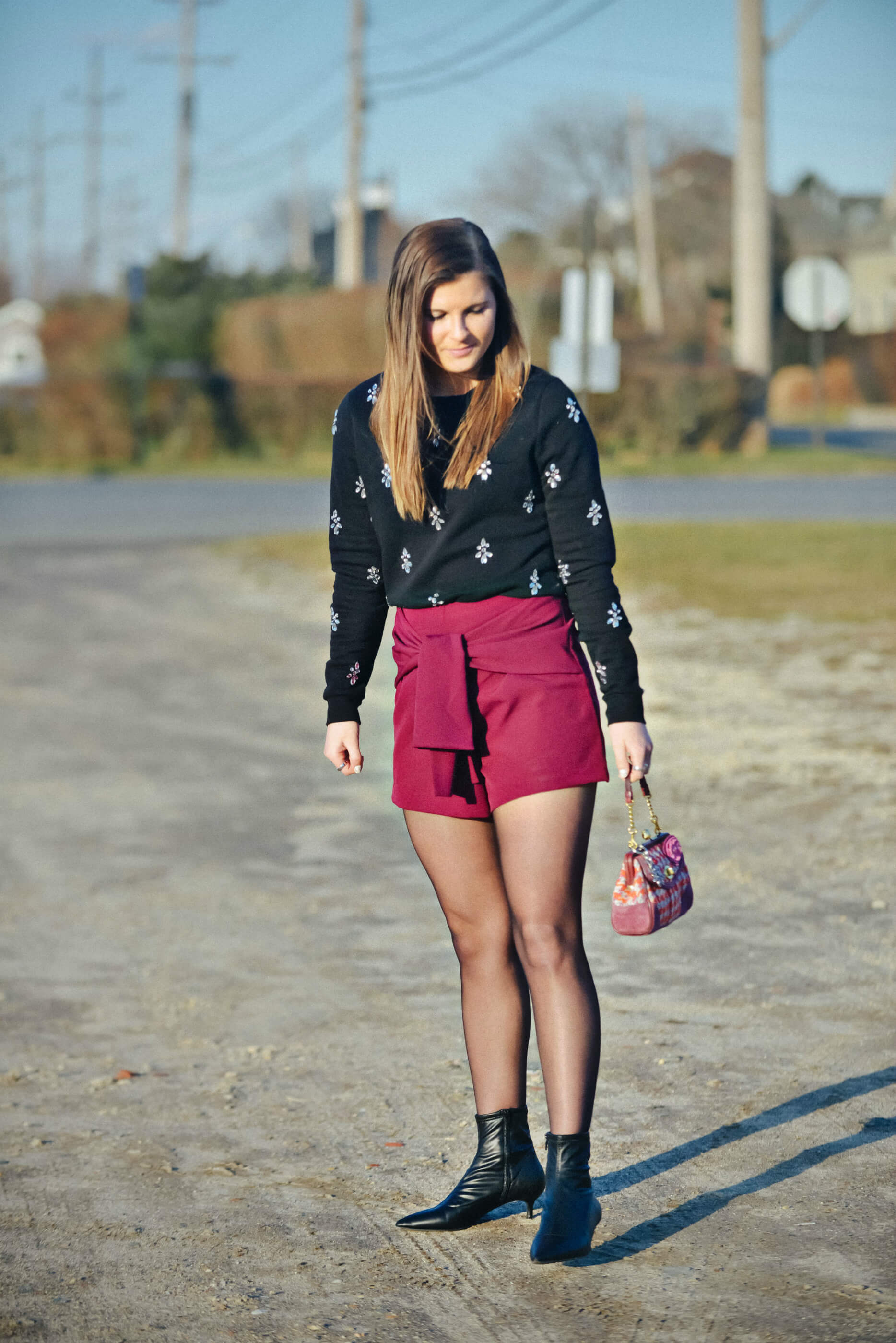 Embellished Sweater, Plum Burgundy Shorts, New Year's Eve Outfit Idea, Tilden of To Be Bright