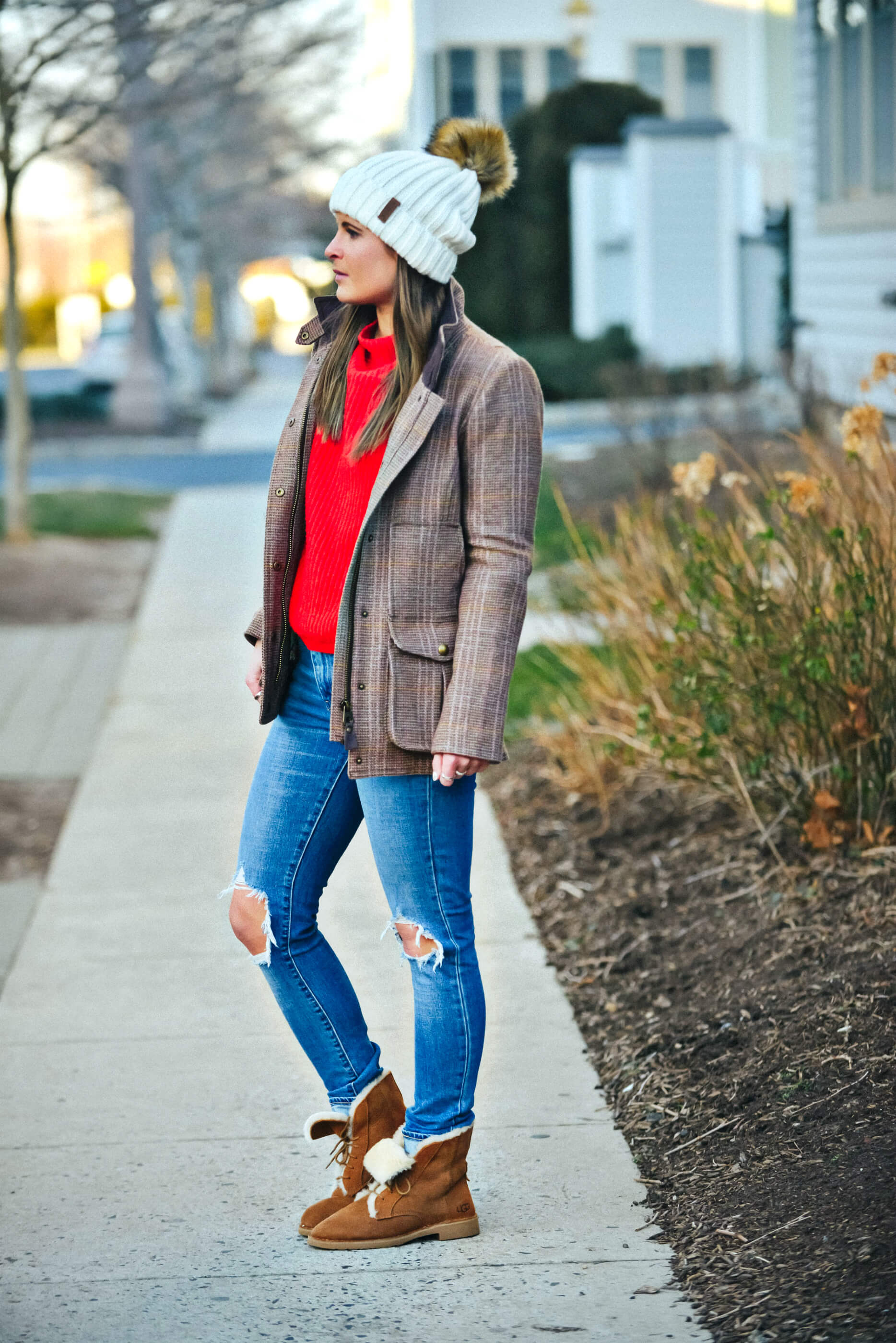 Joules Tweed Fieldcoat, Levi's 721 Denim, Pom Beanie, Winter Outfit, Tilden of To Be Bright