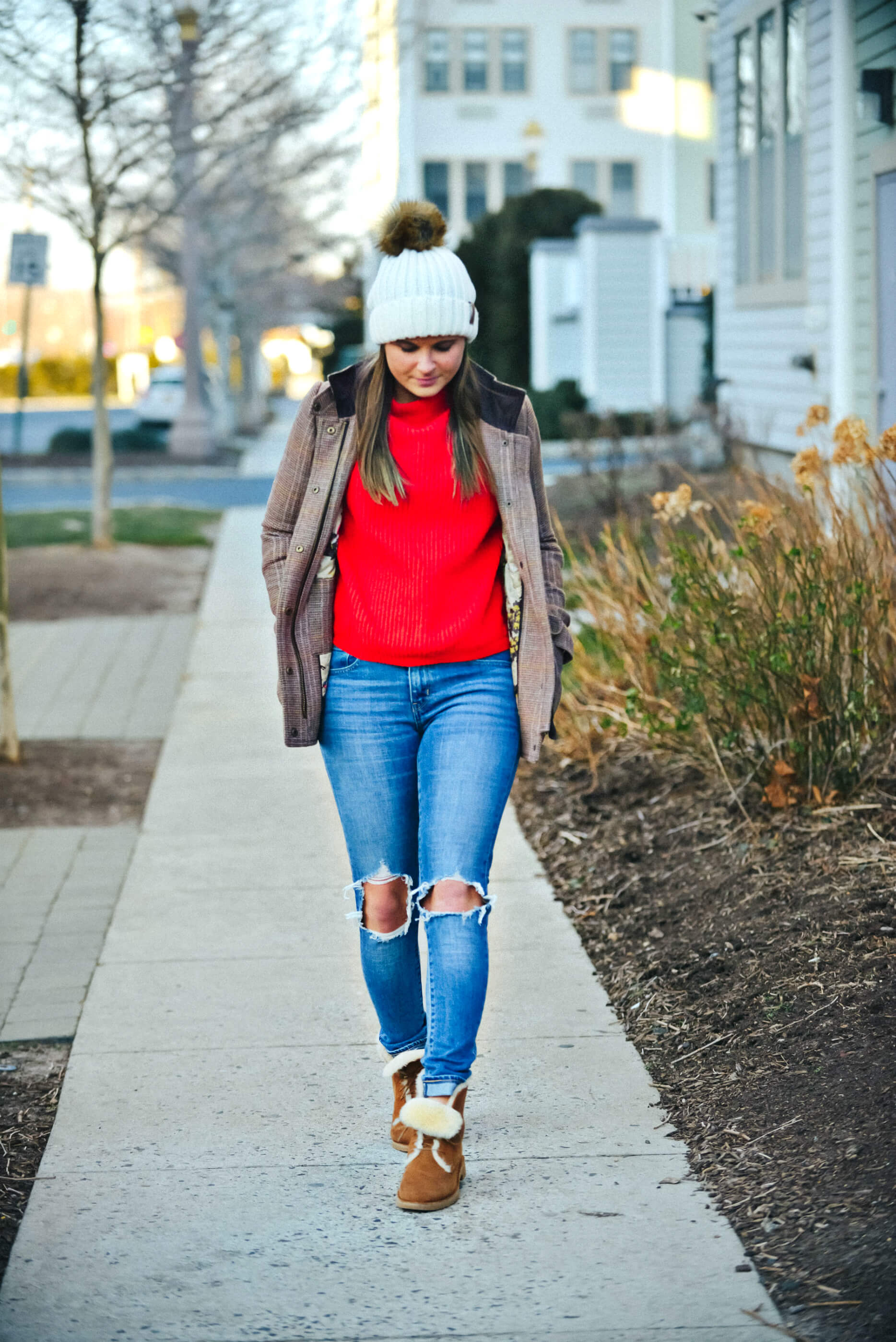 Joules Tweed Fieldcoat, Levi's 721 Denim, Pom Beanie, Winter Outfit, UGG Boots, Tilden of To Be Bright