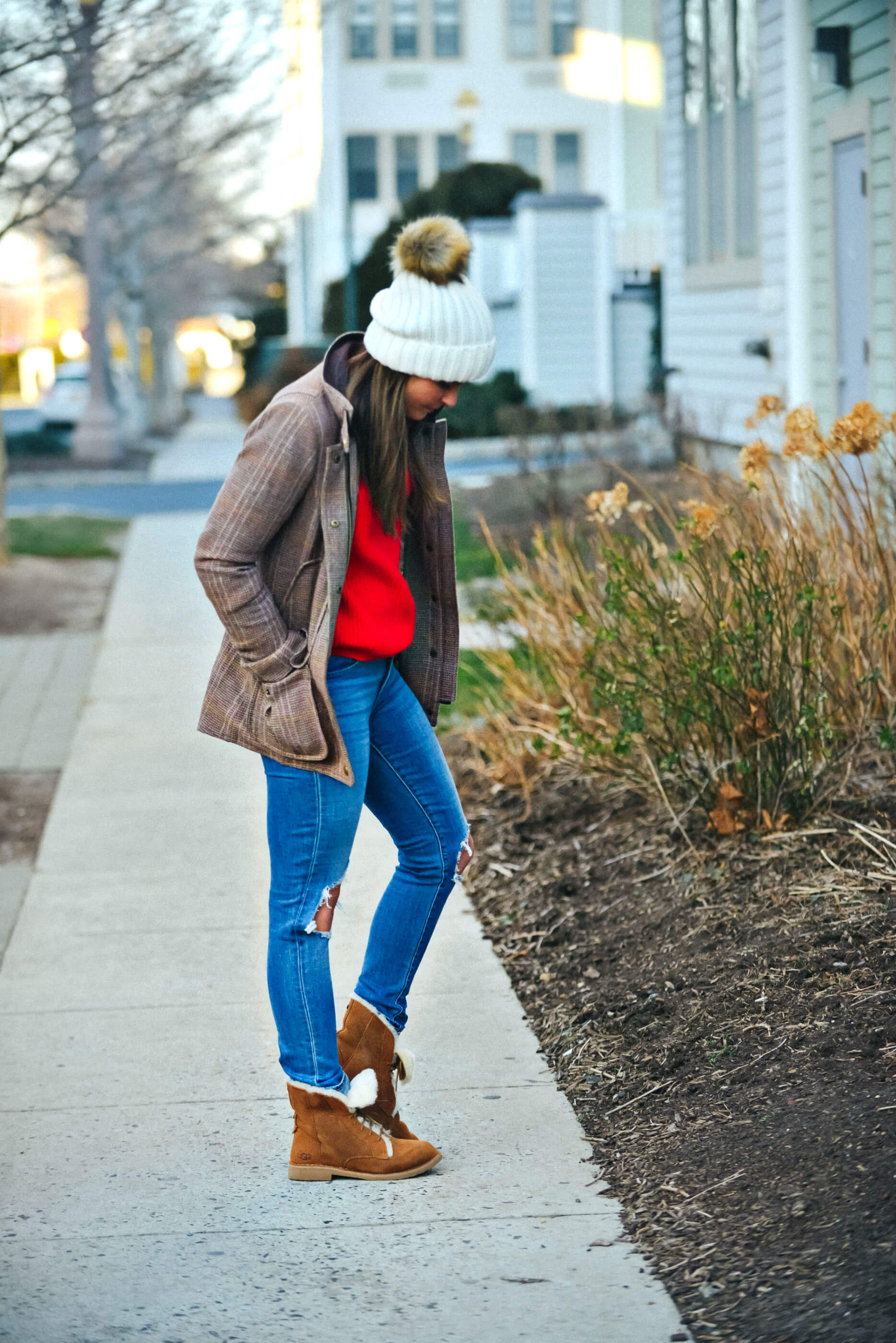 Joules Tweed Fieldcoat, Levi's 721 Denim, Pom Beanie, Winter Outfit, UGG boots, Tilden of To Be Bright
