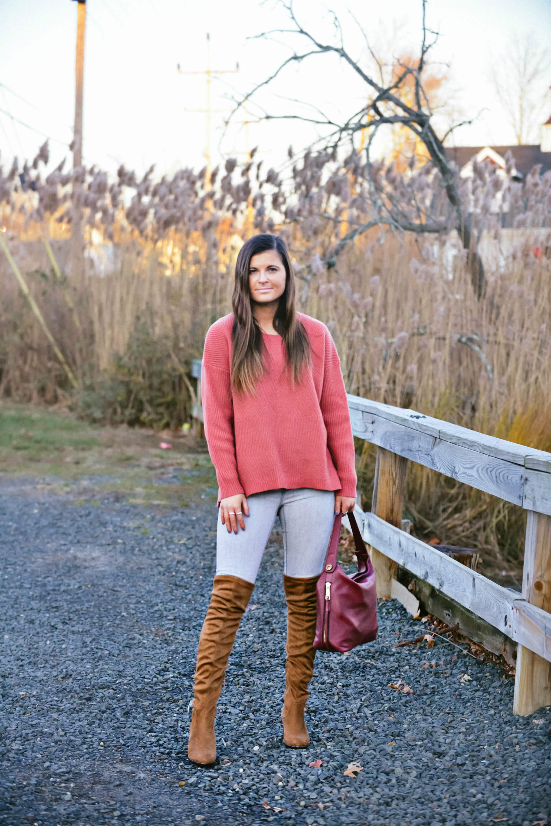 Rose Pink Oversized Sweater Outfit, Brown Over The Knee Boots, Tilden of To Be Bright