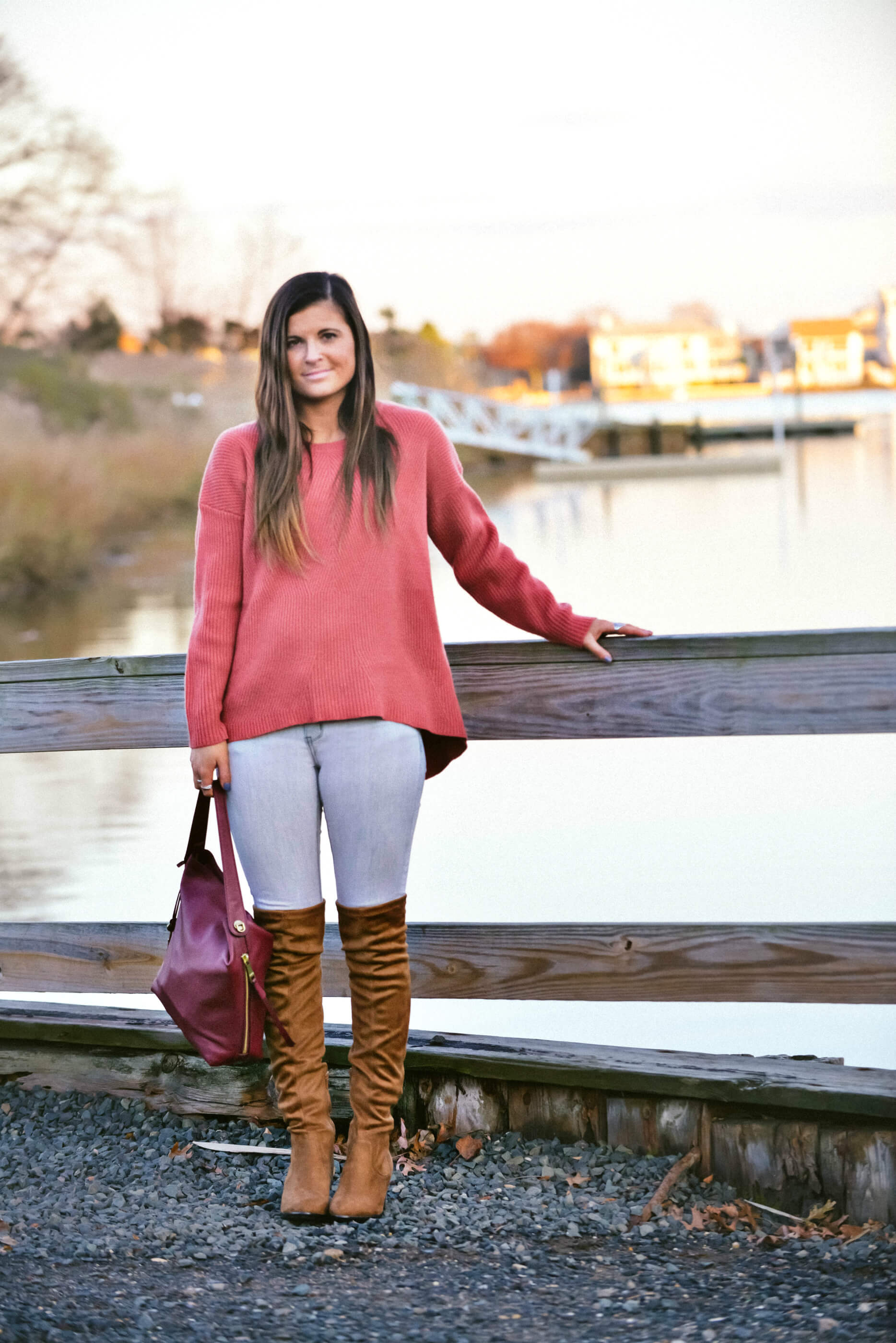 Rose Pink Oversized Sweater Outfit, Fossil Burgundy Bag, Tilden of To Be Bright