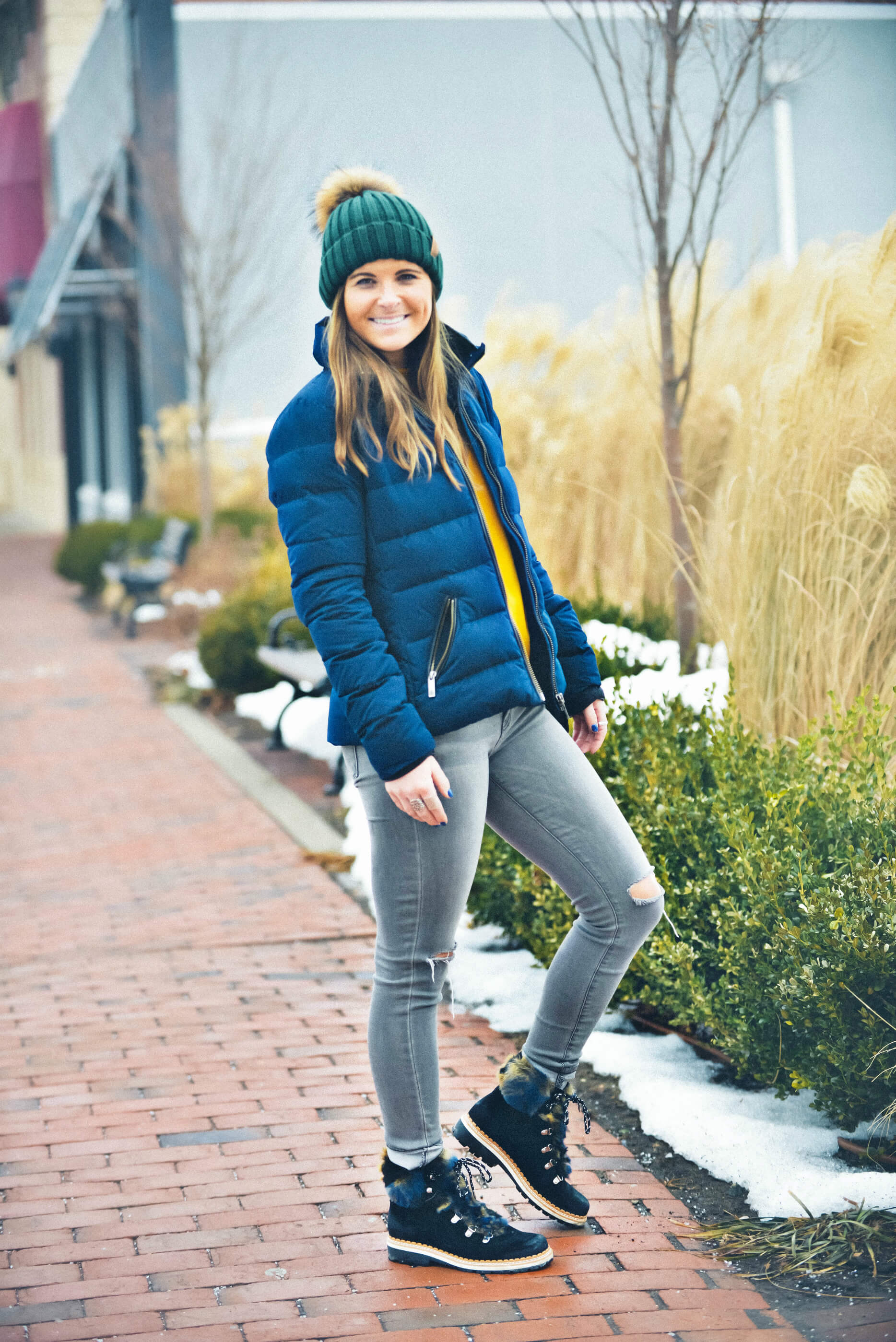 Green Pom Knit Beanie, Blue Puffer Coat, Winter Style, Sam Edelman Bronte Combat Boots, Tilden of To Be Bright