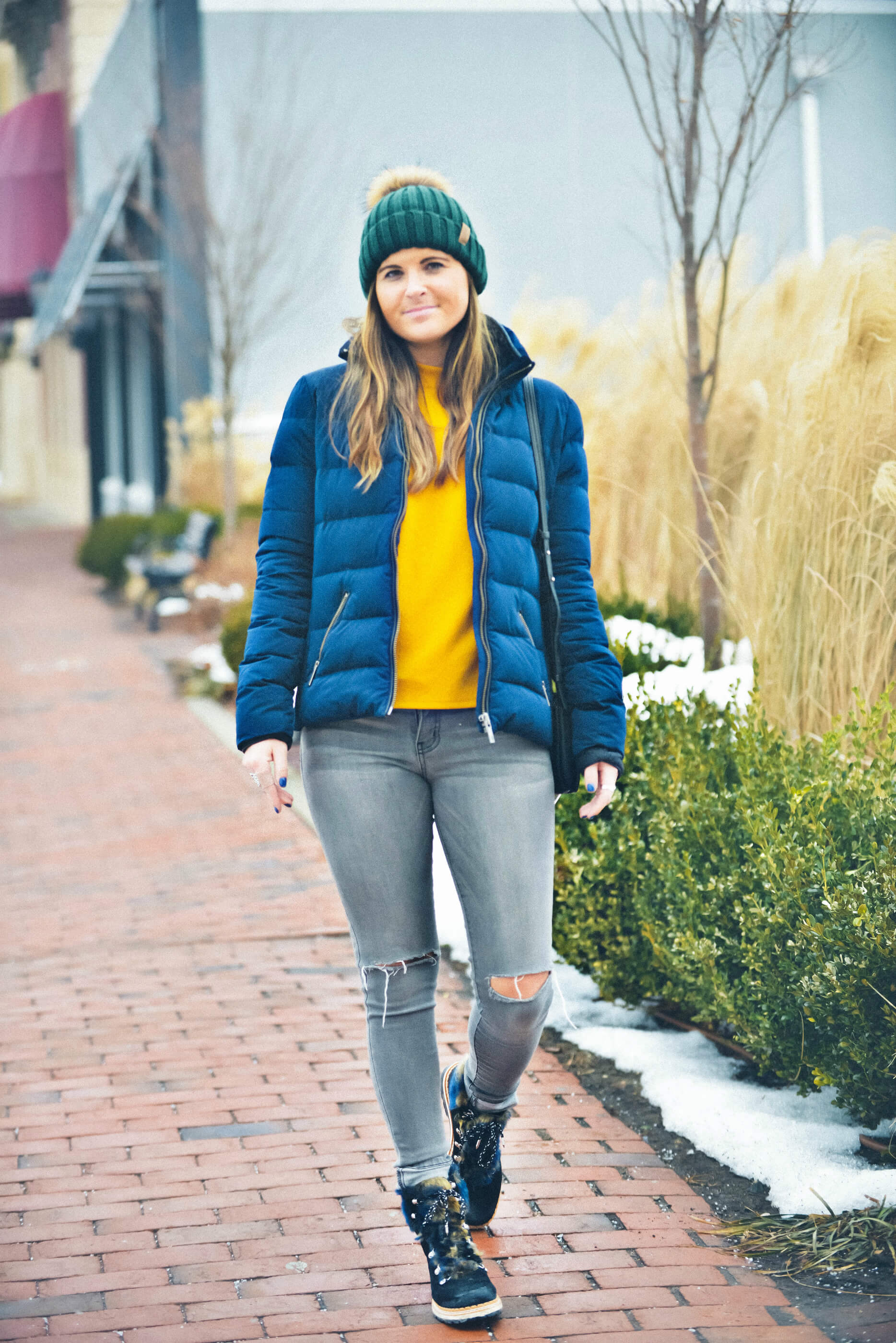 Green Pom Knit Beanie, Blue Puffer Coat, Winter Style, Tilden of To Be Bright