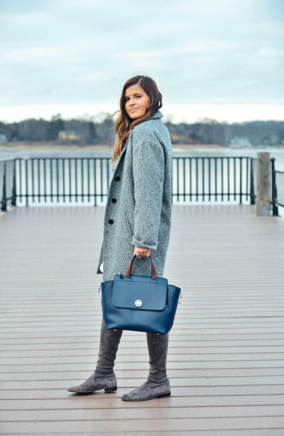 JEMMA Poppins Navy Bag, Grey Coat, Winter Outfit, Tilden of To Be Bright