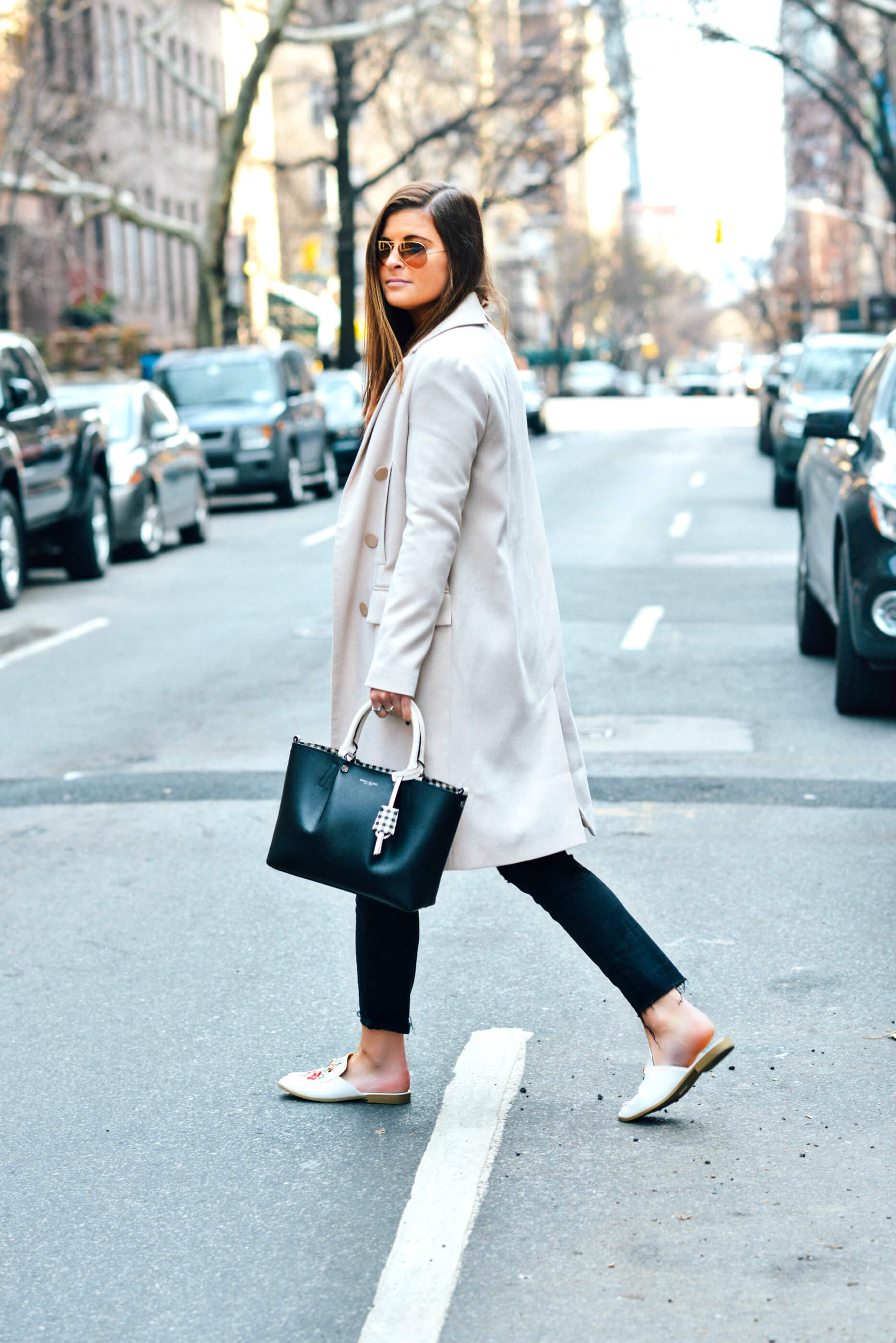 Blush Trench Coat, Black Mini Tote, Slide Loafers, NYC Street Style, Tilden of To Be Bright