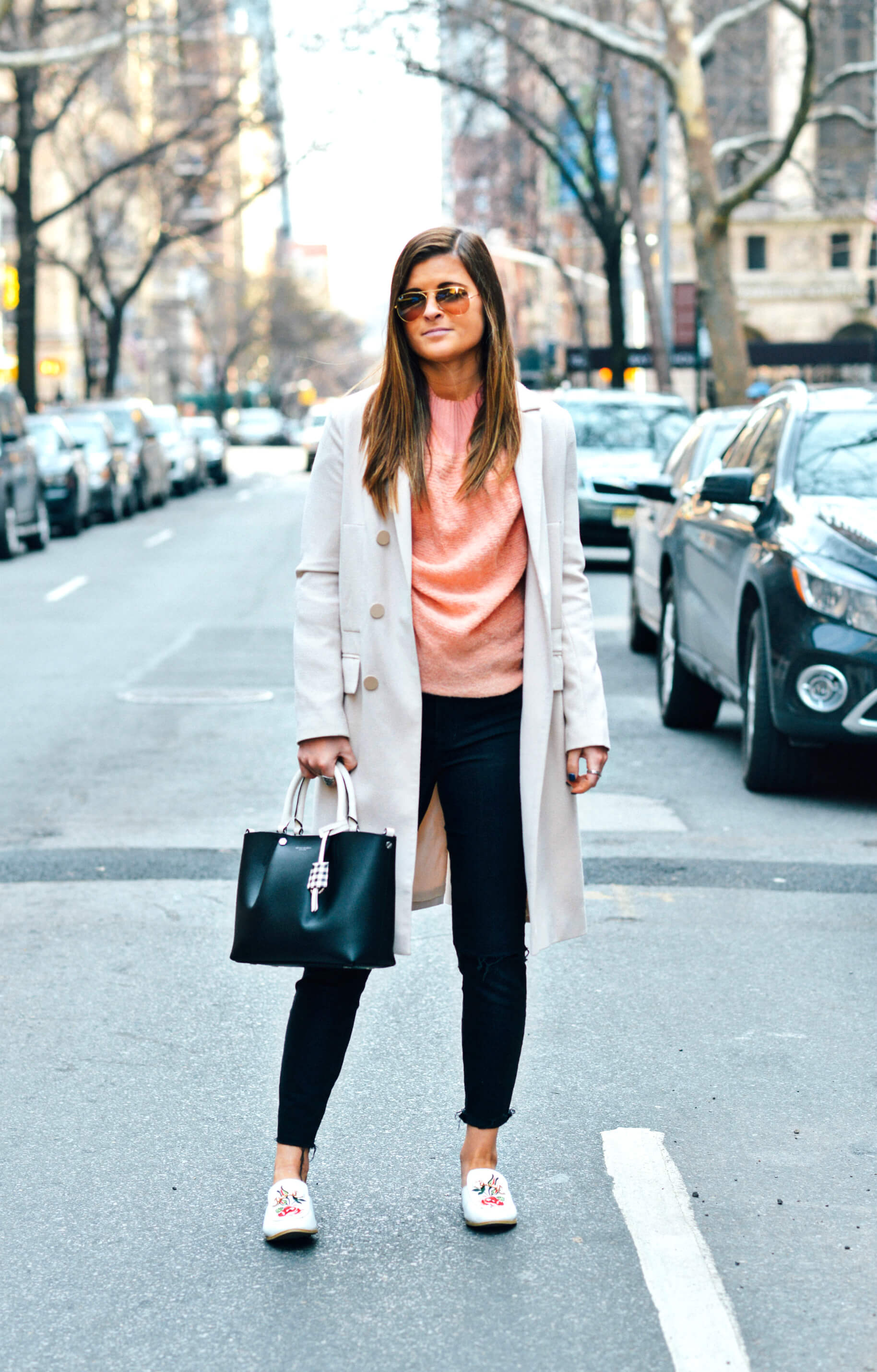 Blush Trench Coat, Pink Sweater, Slide Loafers, NYC Street Style, Tilden of To Be Bright
