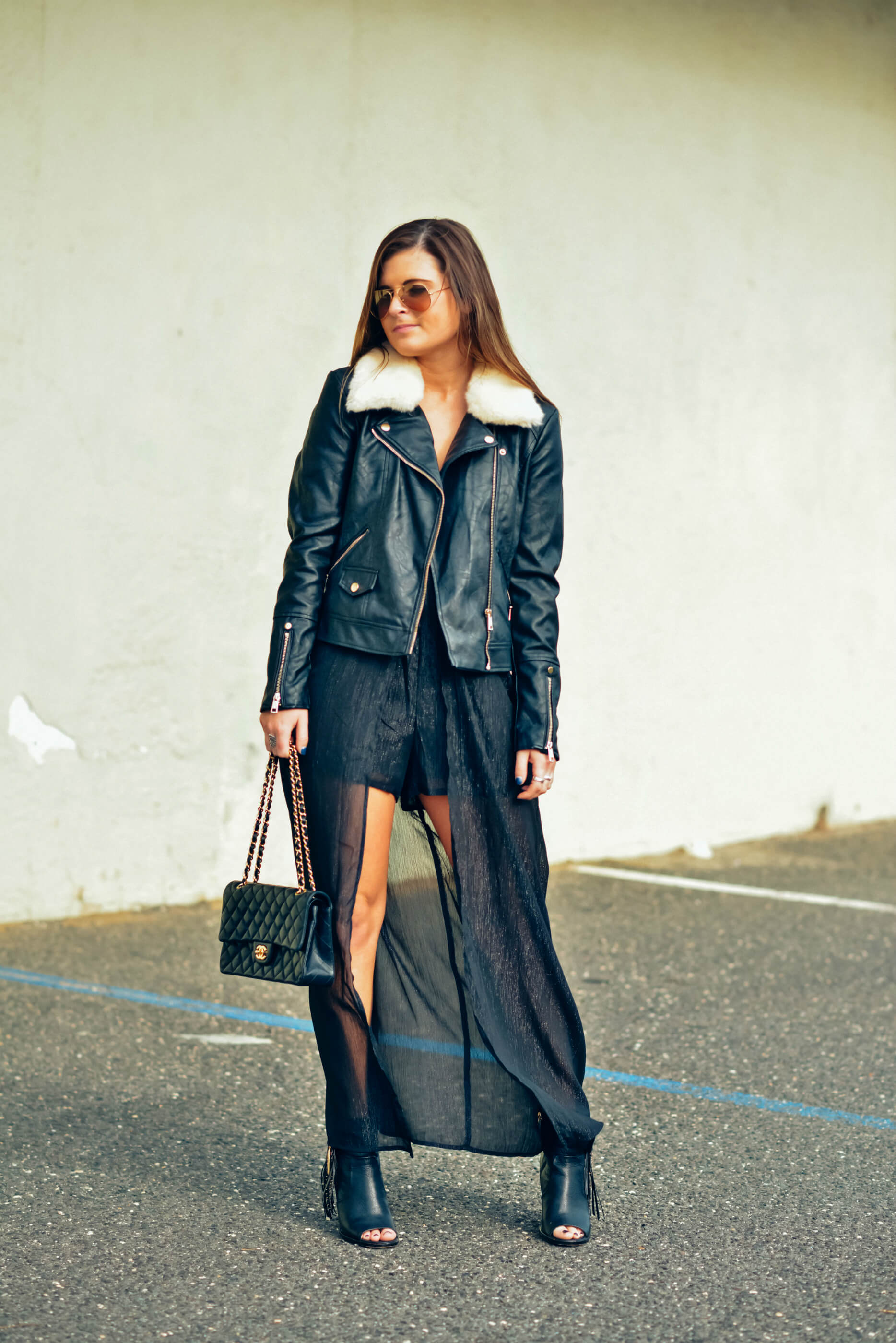 Speechless Metallic Maxi Romper Dress, leather jacket, Valentine's Day Outfit, Tilden of To Be Bright