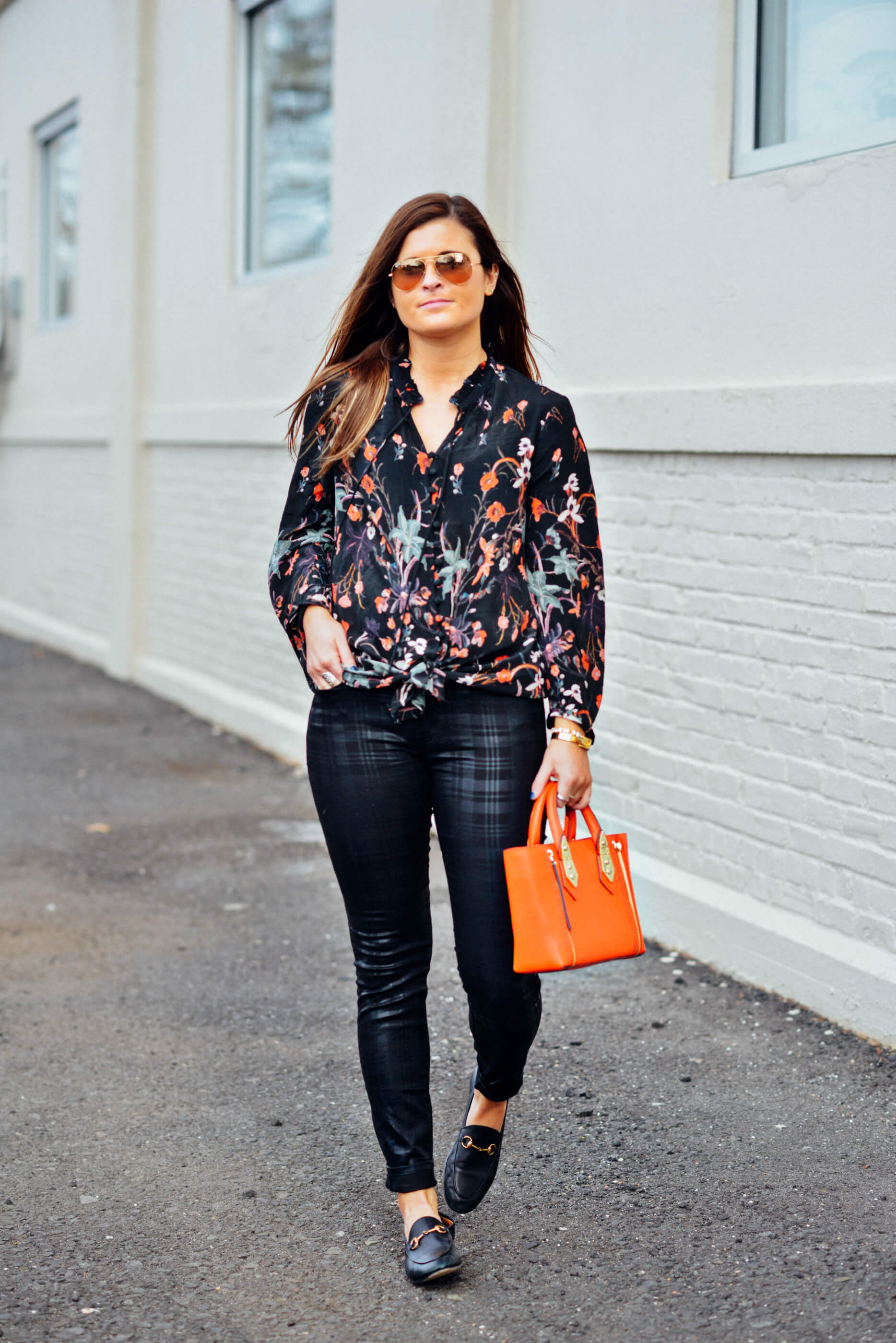 Tolani Floral Tunic Blouse, Buffalo Plaid Pants, Henri Bendel Red Bag, Gucci Loafers, Spring Outfit Idea, Tilden of To Be Bright