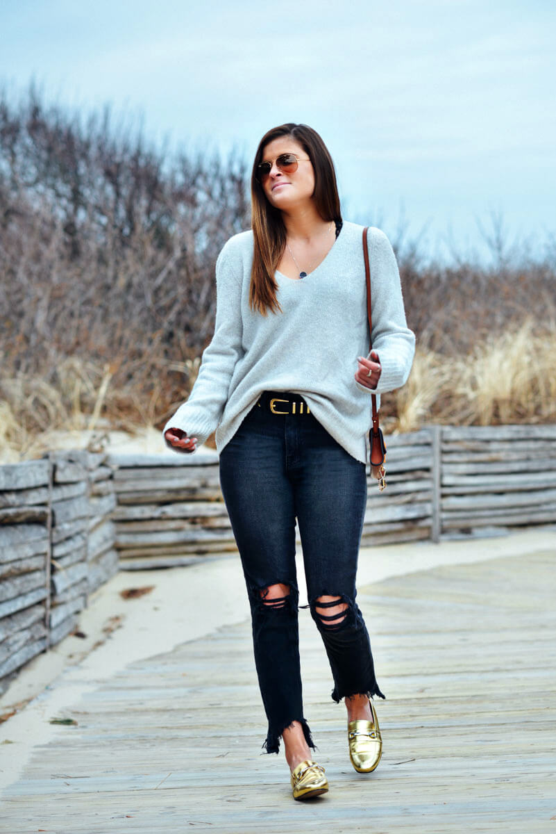 L'Agence Frayed Denim, Metallic Loafers, Calvin Klein Sweater, Tilden of To Be Bright