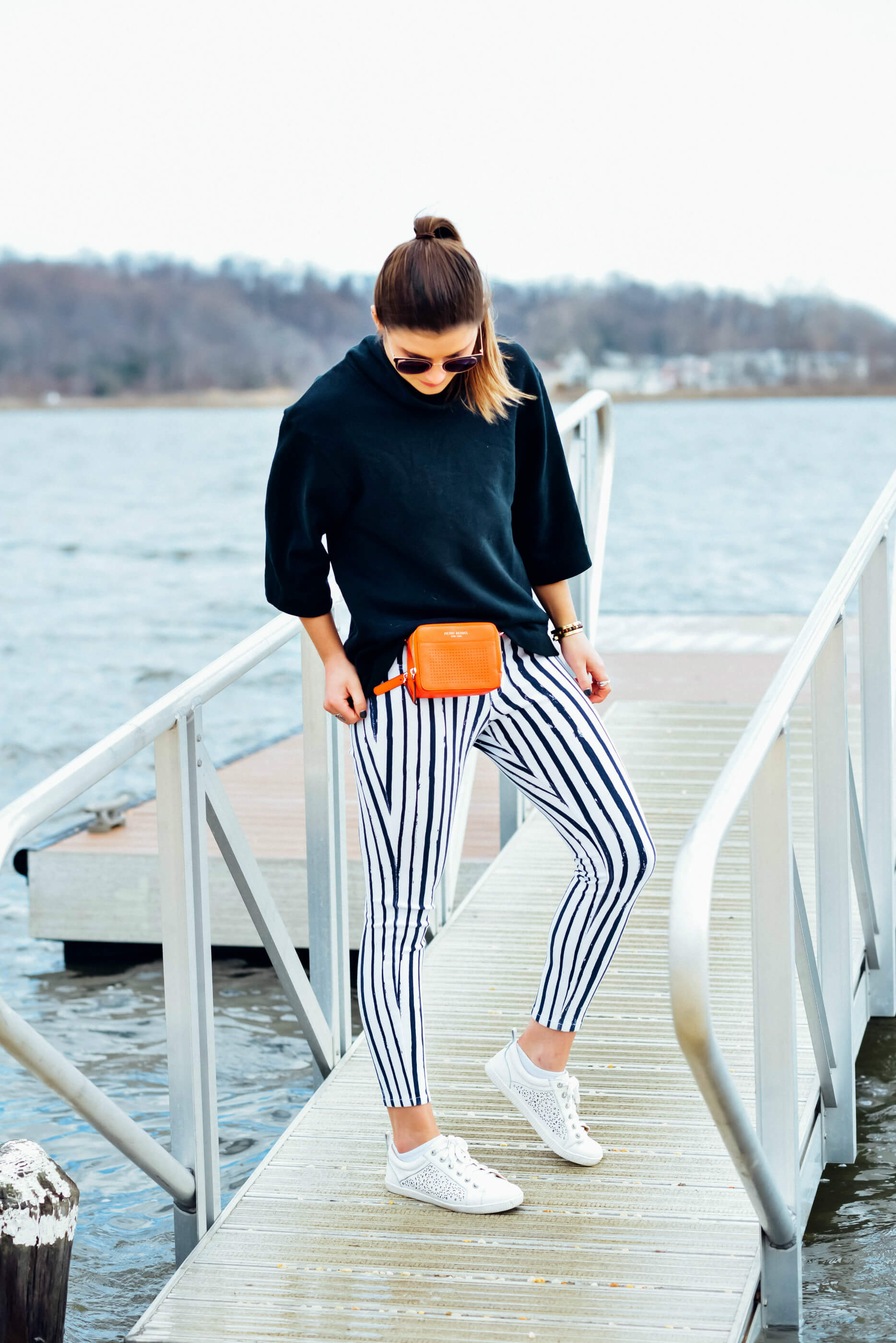 Striped Pants, Henri Bendel Belt Bag, Perforated Sneakers, Spring Outfit, Tilden of To Be Bright