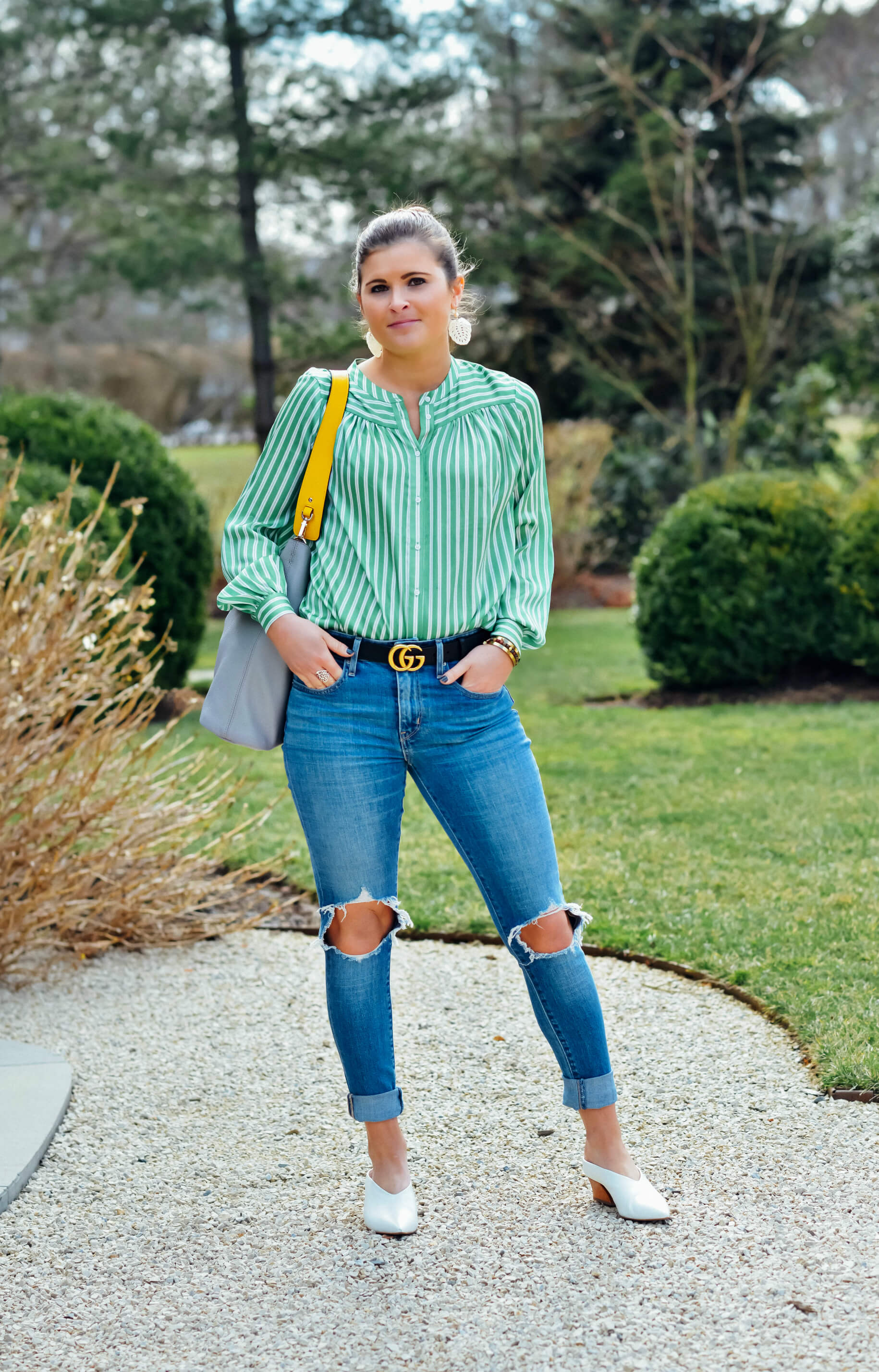 Green Striped Blouse, Levi's Denim, Gucci Belt, White Mules, Spring Outfit, Tilden of To Be Bright