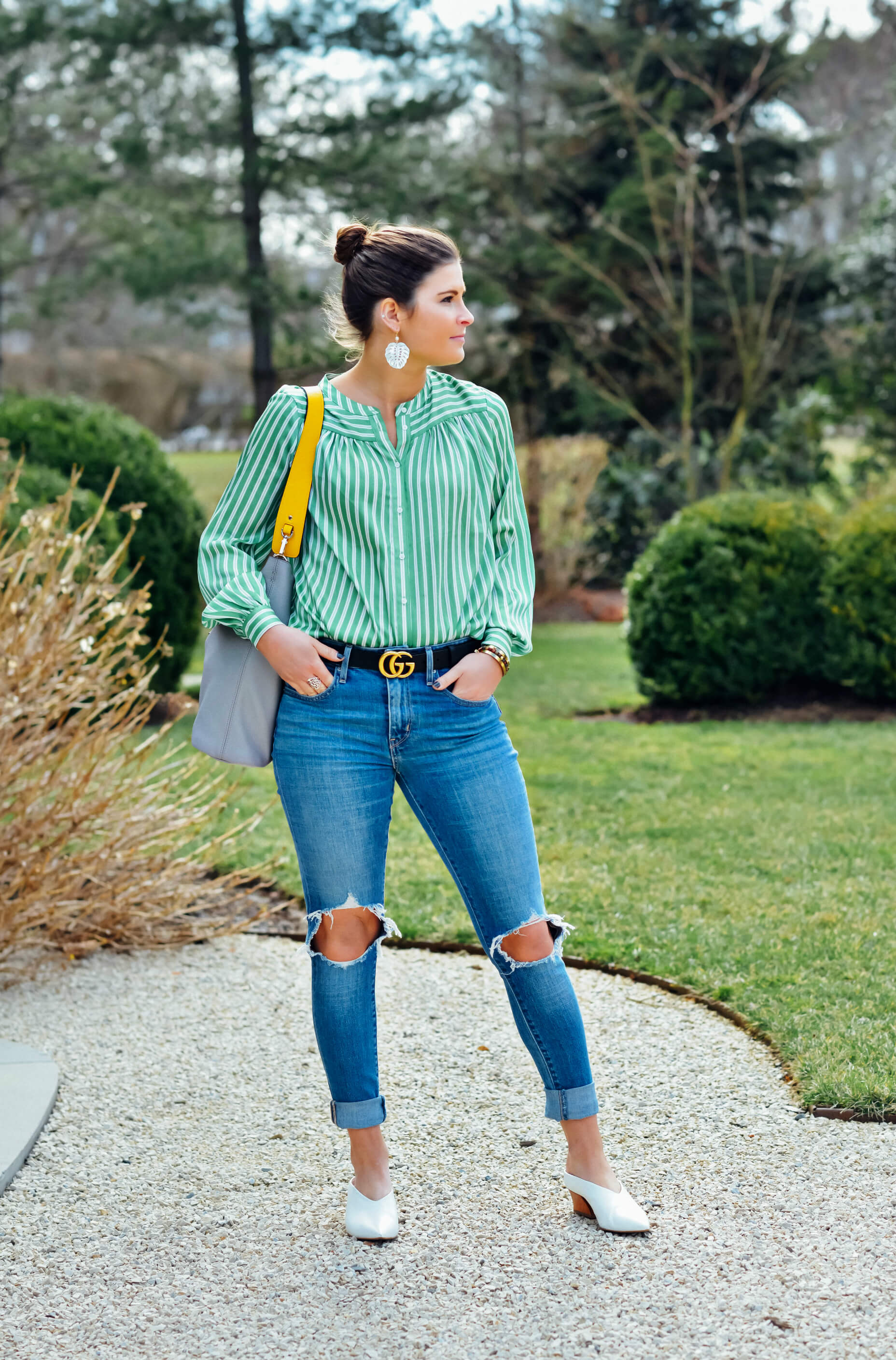 Green Striped Blouse, Levi's Denim, White Mules, Spring Outfit, Tilden of To Be Bright