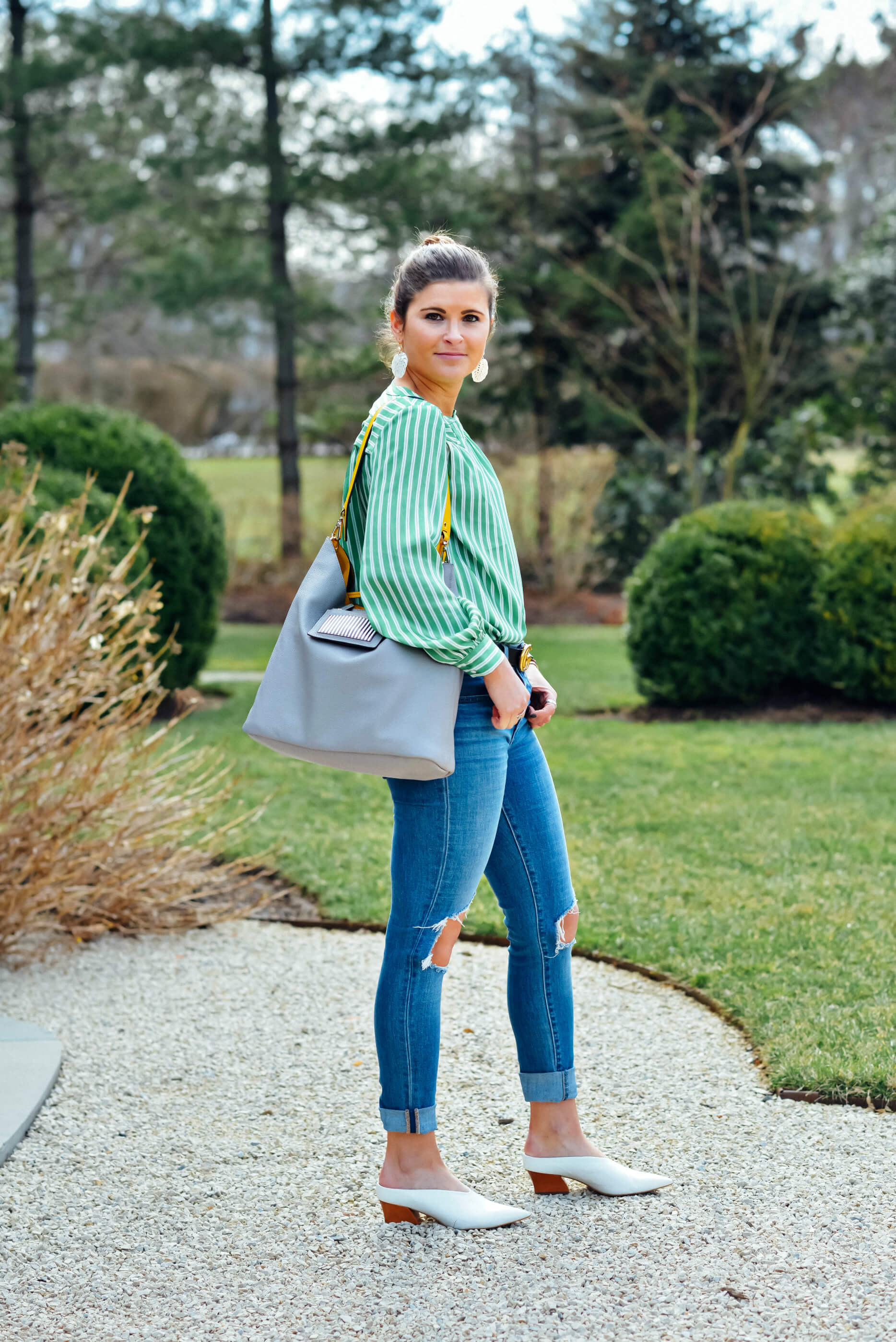 Green Striped Blouse, Levi's Denim, White Mules, Spring Outfit, Tilden of To Be Bright